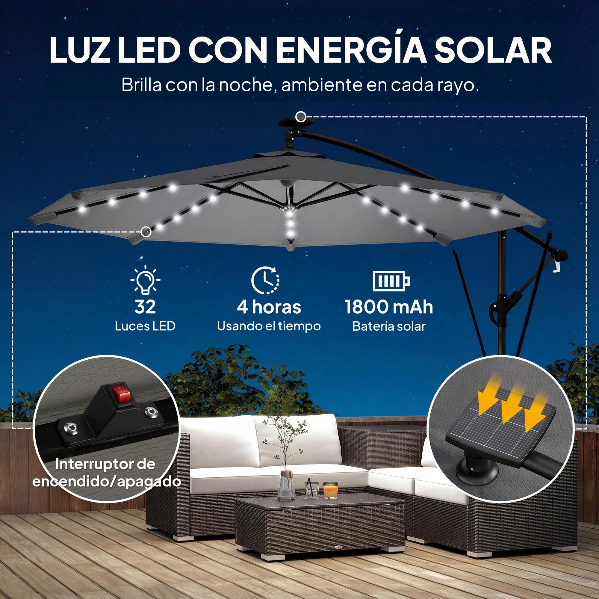 Outsunny Parasol Excéntrico con Luces LED Solares, Ø330 cm, Sombrilla de Jardín con Base Cruzada, Manivela, Funda Protectora y Cuerda de Viento, Anti-UV 50+, para Terraza, Patio - 3