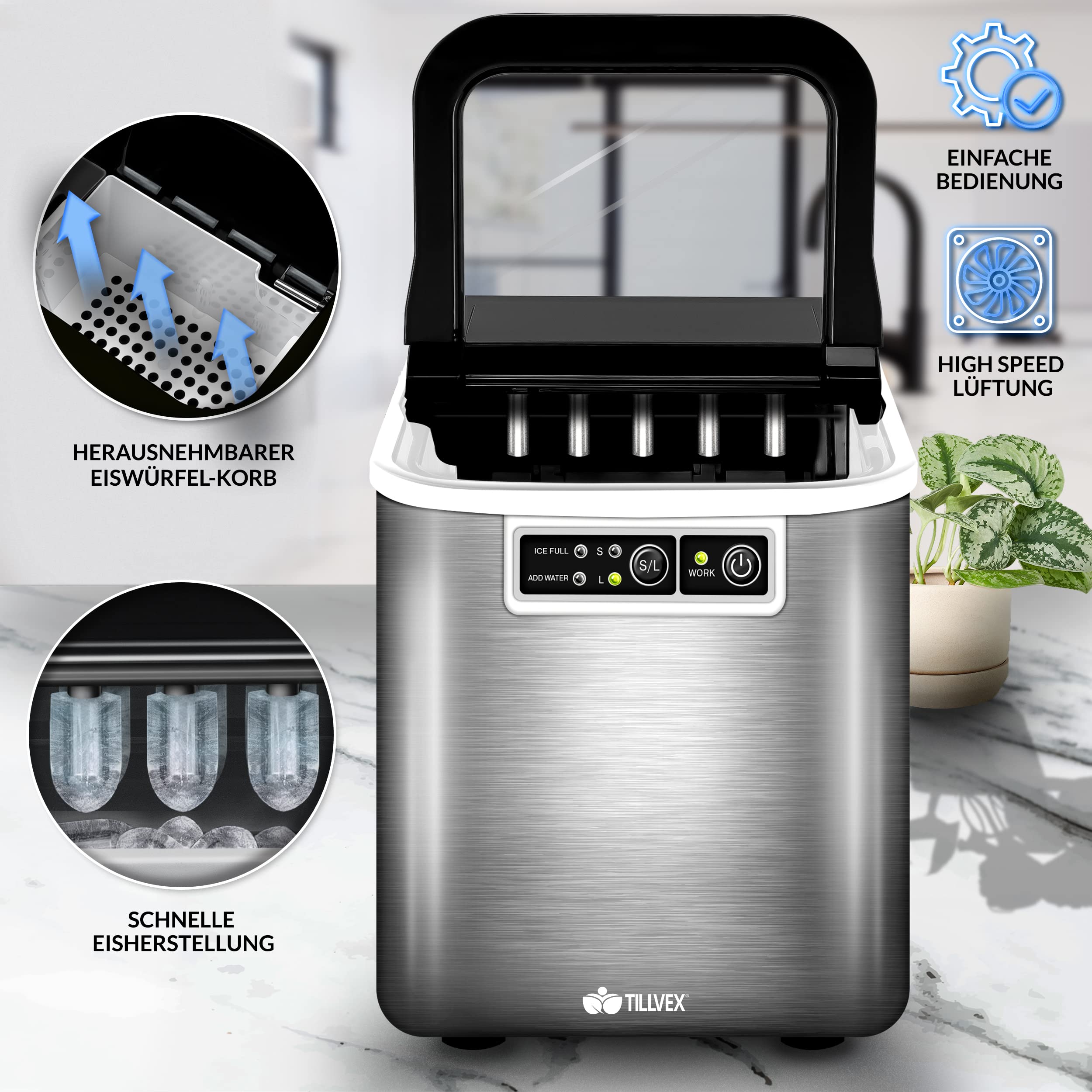 tillvex Eiswürfelmaschine Edelstahl 12 kg - 24 h | Eiswürfelbereiter 2,2 Liter Wassertank | Ice-Maker LED-Display & Selbstreinigungsfunktion | 2 Eiswürfel Größen (Silber)