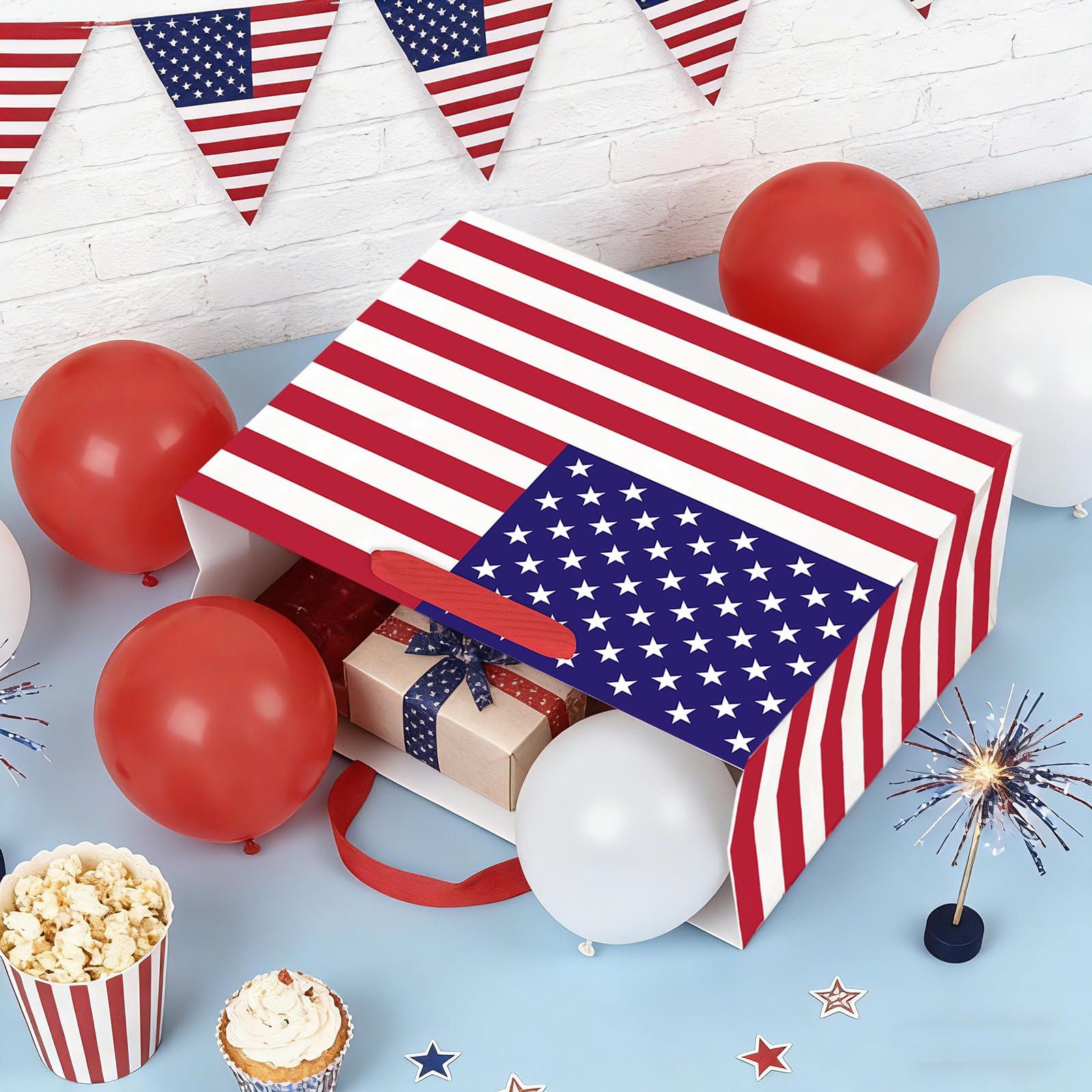 WRAPAHOLIC 13" Large USA Flag Patriotic Gift Bag with Tissue Paper - American Flags 4th of July Gift Bags for Independence Day, Memorial Day and Patriotic Shower