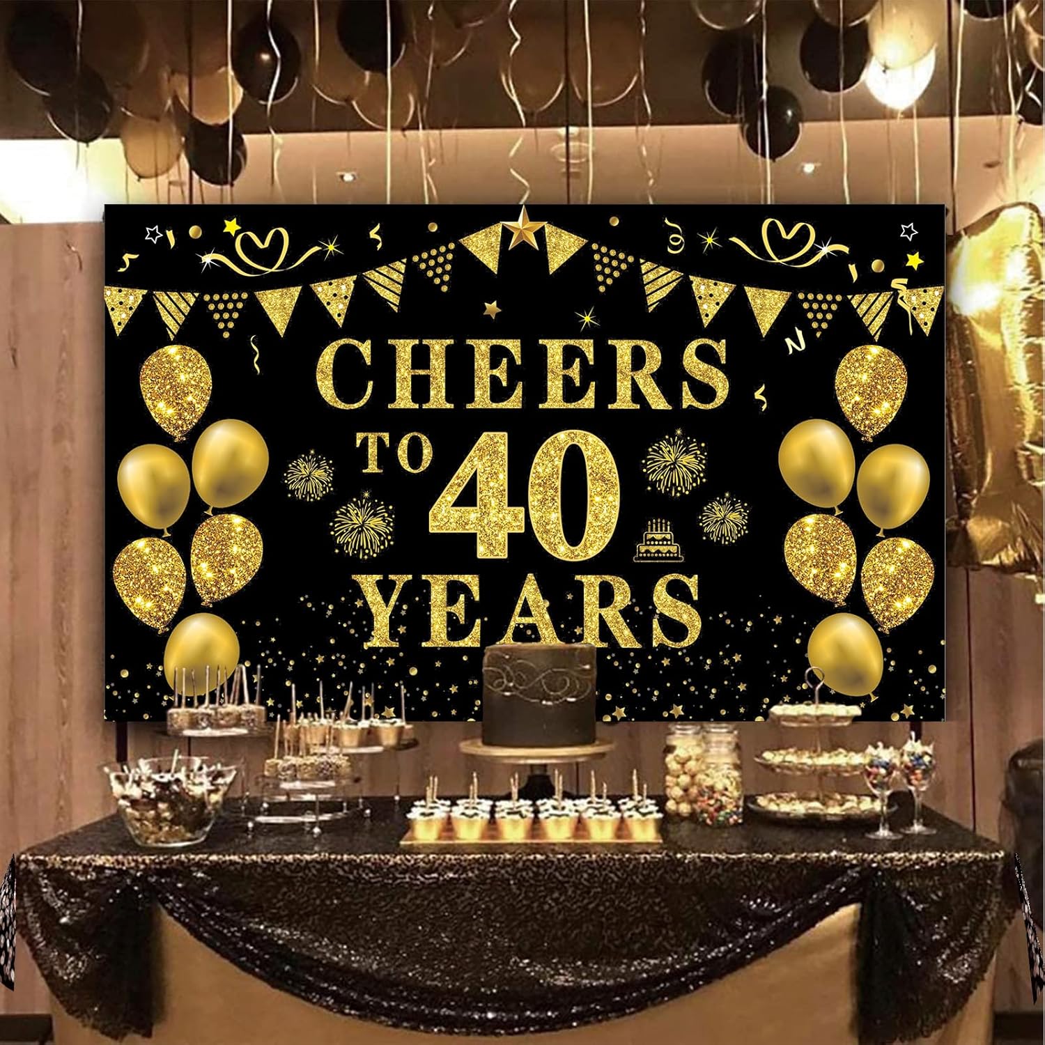 Trgowaul 40th Birthday Decorations for Women Men, Cheers to 40 Years Banner, Black and Gold 40th Birthday Backdrop, 40th Wedding Anniversary Decorations Party Banner Photography Supplies Background - Image 7