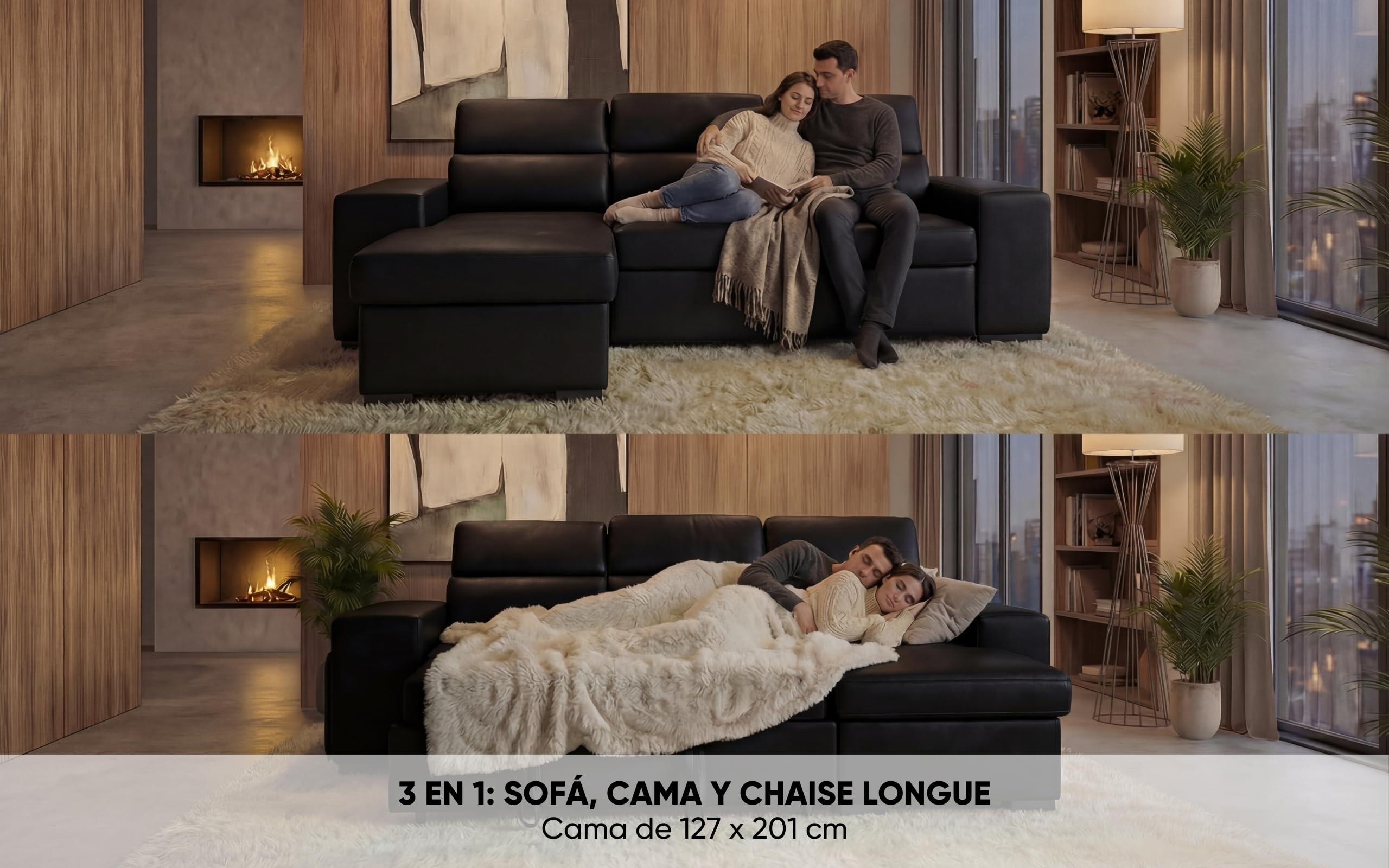 BUDWING John Sofá Cama Esquinero 4 Plazas - Chaise Longue Reversible, Reposacabezas Ajustable y 2 Pufs – Tapizado en Poliuretano – Estilo Moderno – 263x161x96 cm – Negro