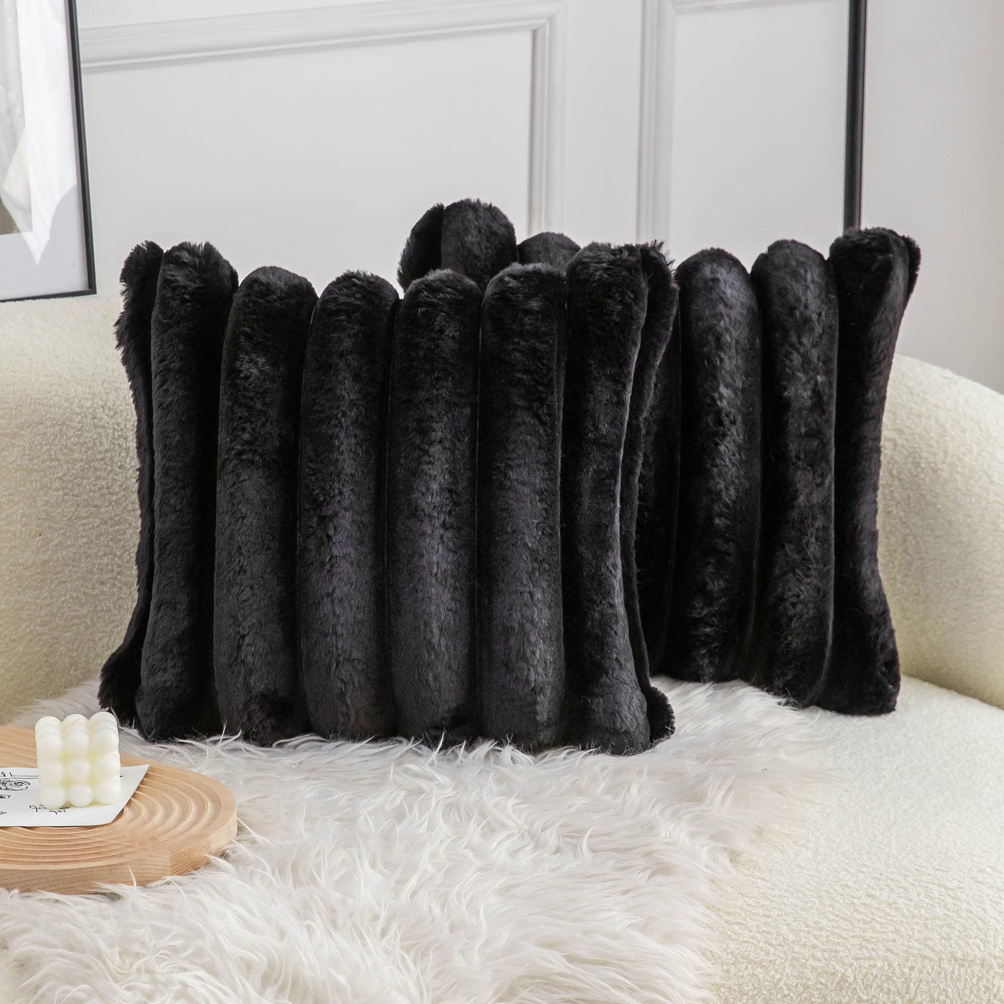 Neelvin Black Faux Fur Cozy Soft Striped Decorative Throw Pillow Covers 16x16 inch(40x40cm) Set of 2,Velvet Pillowcase Cushion Case for Sofa Couch