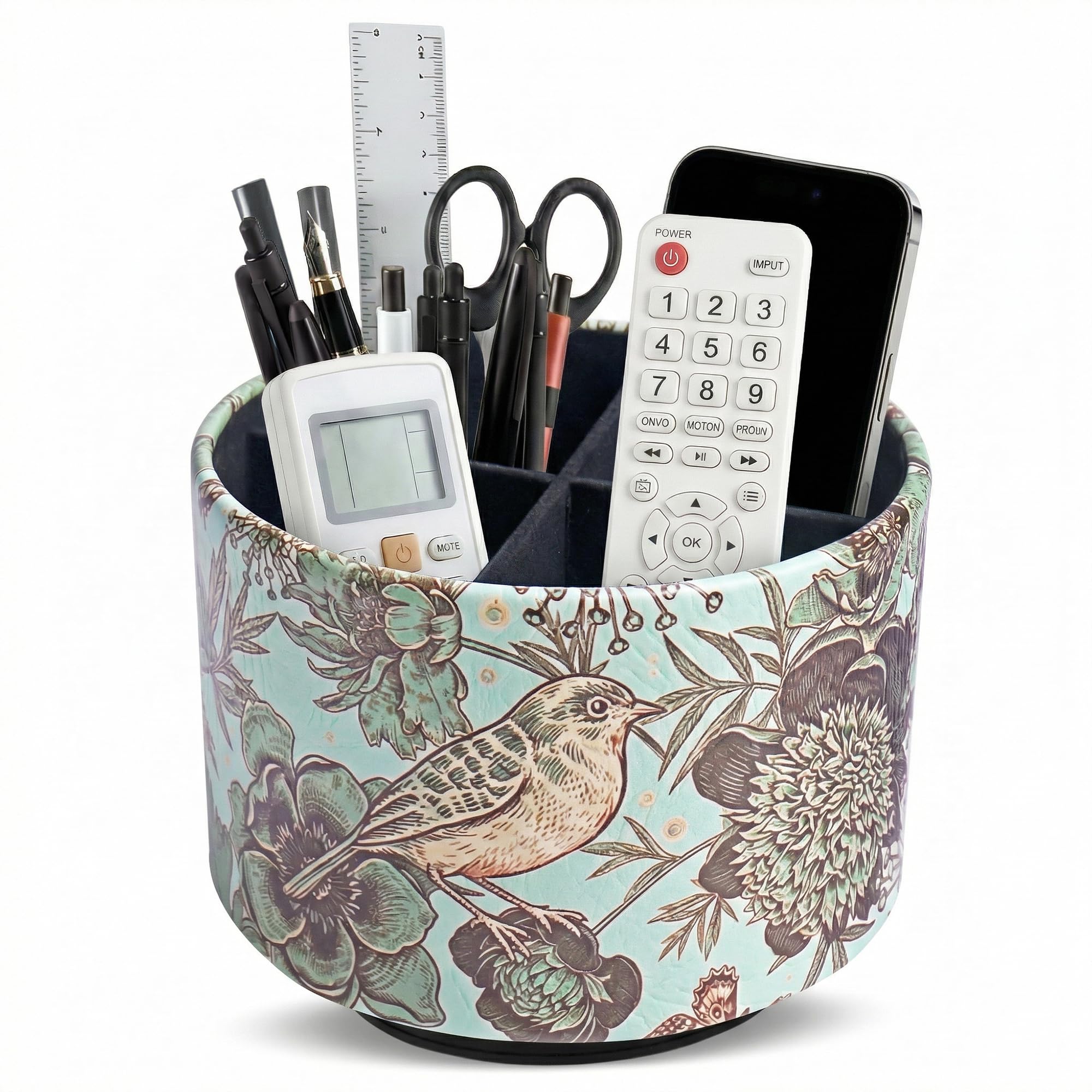 Czzmy Round Leather Art Supply Organizer,Remote Control Holder,360 Degree Spinning,Multi-Functional Pencil Holder,4 Compartments Desktop Stationary Organizer(1-Green Bird)