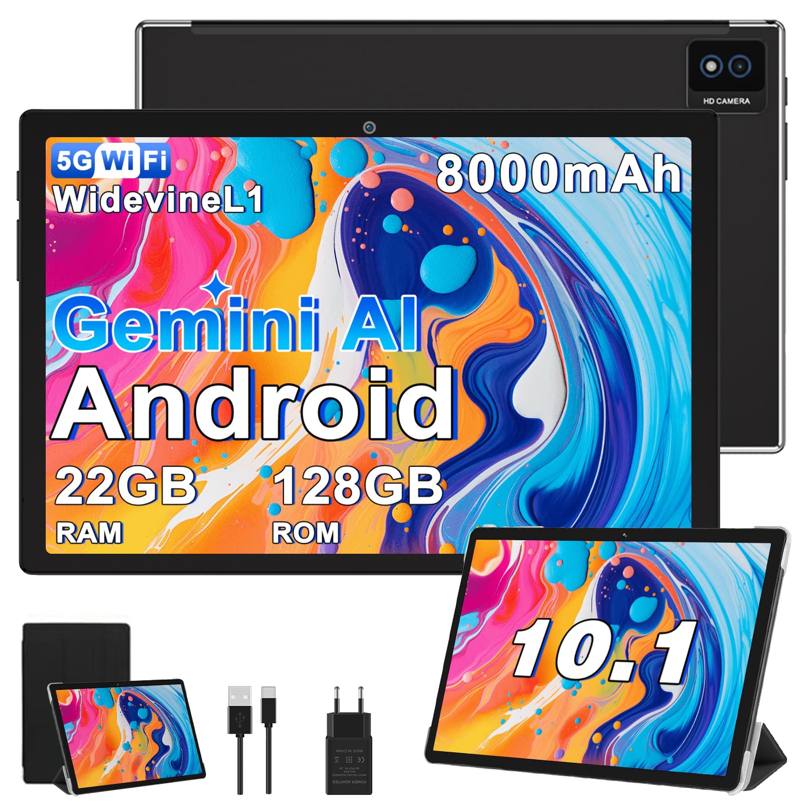 2026 Dernière Tablette Android Gemini AI, Tablette 10 Pouces 22Go RAM + 128Go ROM(TF 2To), avec 5G WiFi Octa-Core 2.0GHz, 8000mAh, GPS, Widevine L1, Tablette Tactile Noir