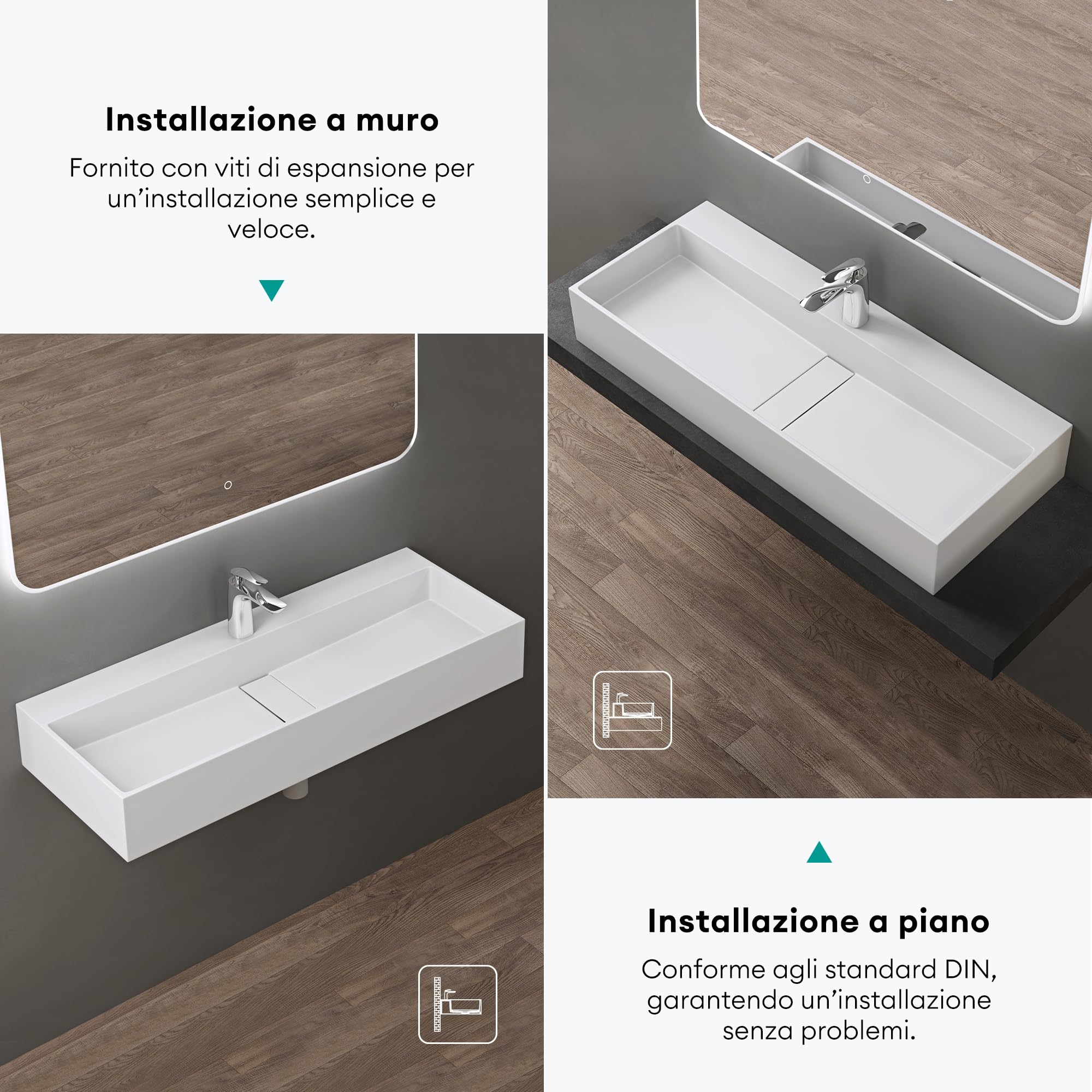 doporro Lavabo Bagno Sospeso Rettangolare Lavabo da Appoggio con Foro Rubinetto 80 x 40 x 14 cm Bianco Opaco Lavandino in Resina Minerale Ideale per Casa Ristorante e Hotel Design Colossum6028