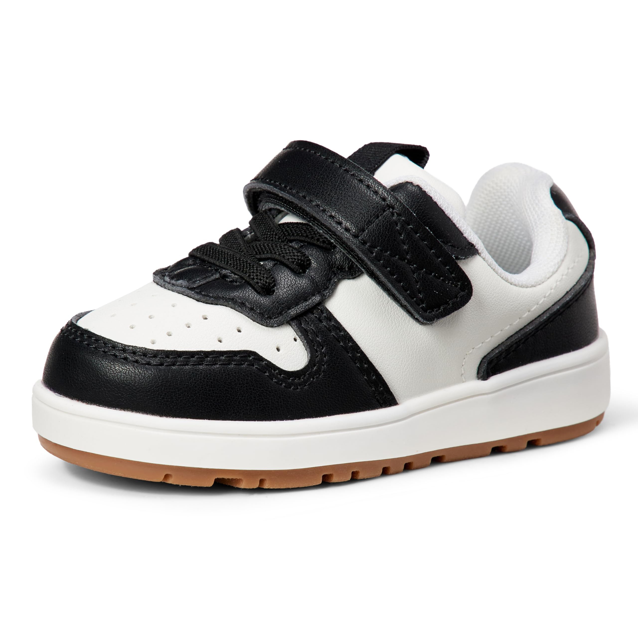 Amazon Essentials Unisex Kids' Low Top Hook & Loop Court Sneakers for Boys and Girls, Black/White, 2 Little Kid