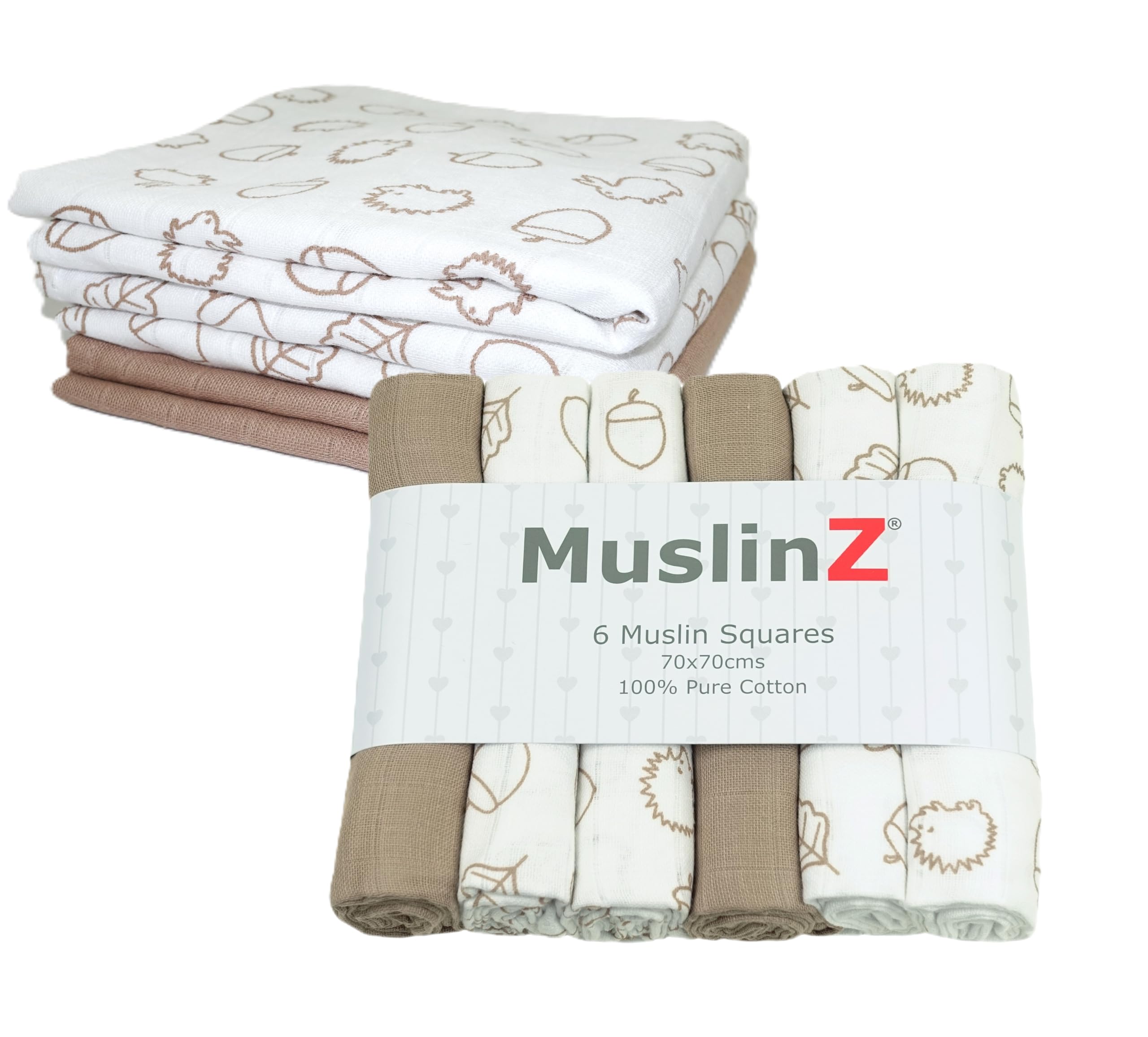 MuslinZ- 6 pack Muslin Squares Baby Burp Cloths 70x70cms Perfect for Newborns, multi-use, Oeko-Tex standard 100, UK brand. (Woodland Taupe, 70x70 cm (Pack of 6))