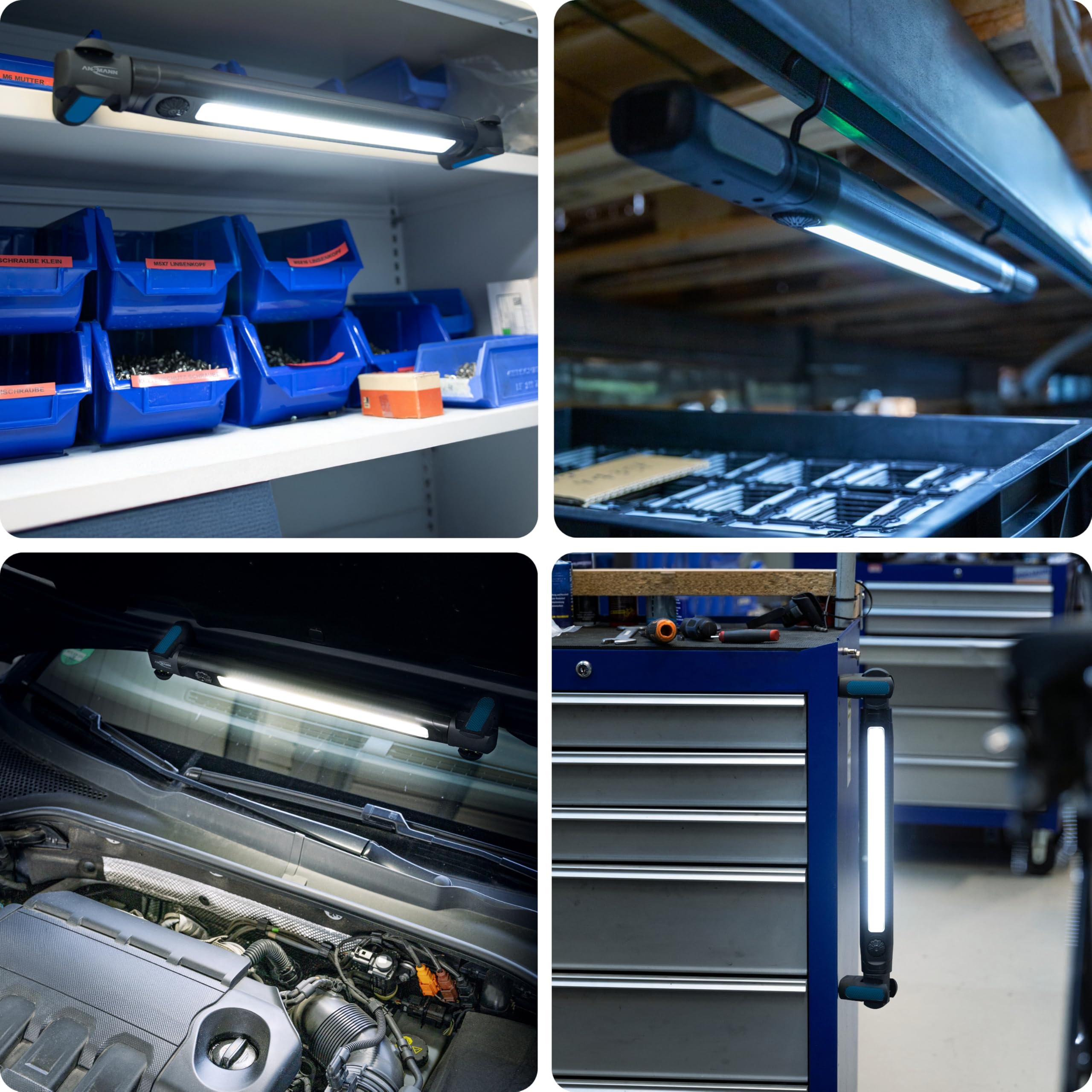 ANSMANN LED Arbeitsleuchte, aufladbare Inspektionsleuchte mit Magnethalterung und Haken, aufladbar via USB, Werkstattlampe, LED Taschenlampe bis zu 3000lm und 8h Leuchtdauer, camping, Werkstatt, KFZ