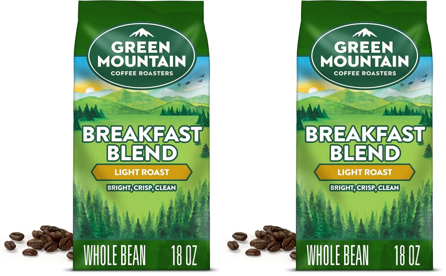 Green Mountain Coffee Roasters Breakfast Blend, Whole Bean Coffee, Bagged 18 oz (Pack of 2)