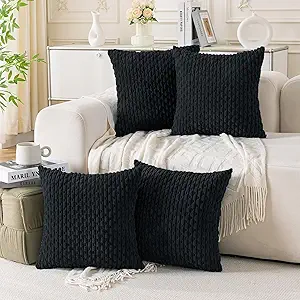 Set of 4 Black Decorative Throw Pillow Covers 24x24 Inch Corduroy Pillow Covers for Bed Couch Sofa Living Room Soft Square Cushion Cases