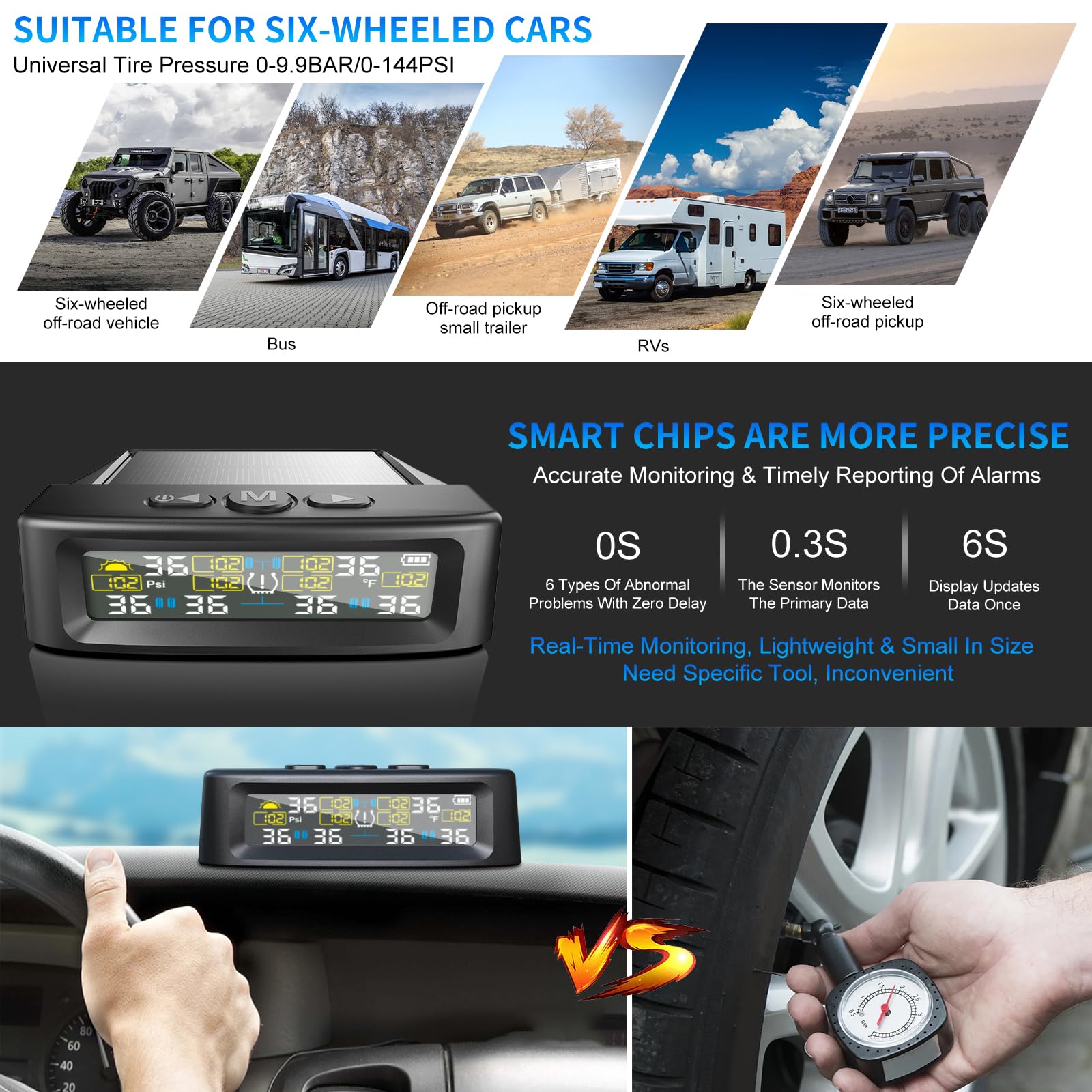 Sistema de control de presión de neumáticos KAOLALI compatible con 6 ruedas, con monitor de presión de neumáticos con pantalla digital, 9,9 bares/144 PSI máx., carga solar y USB, para camiones