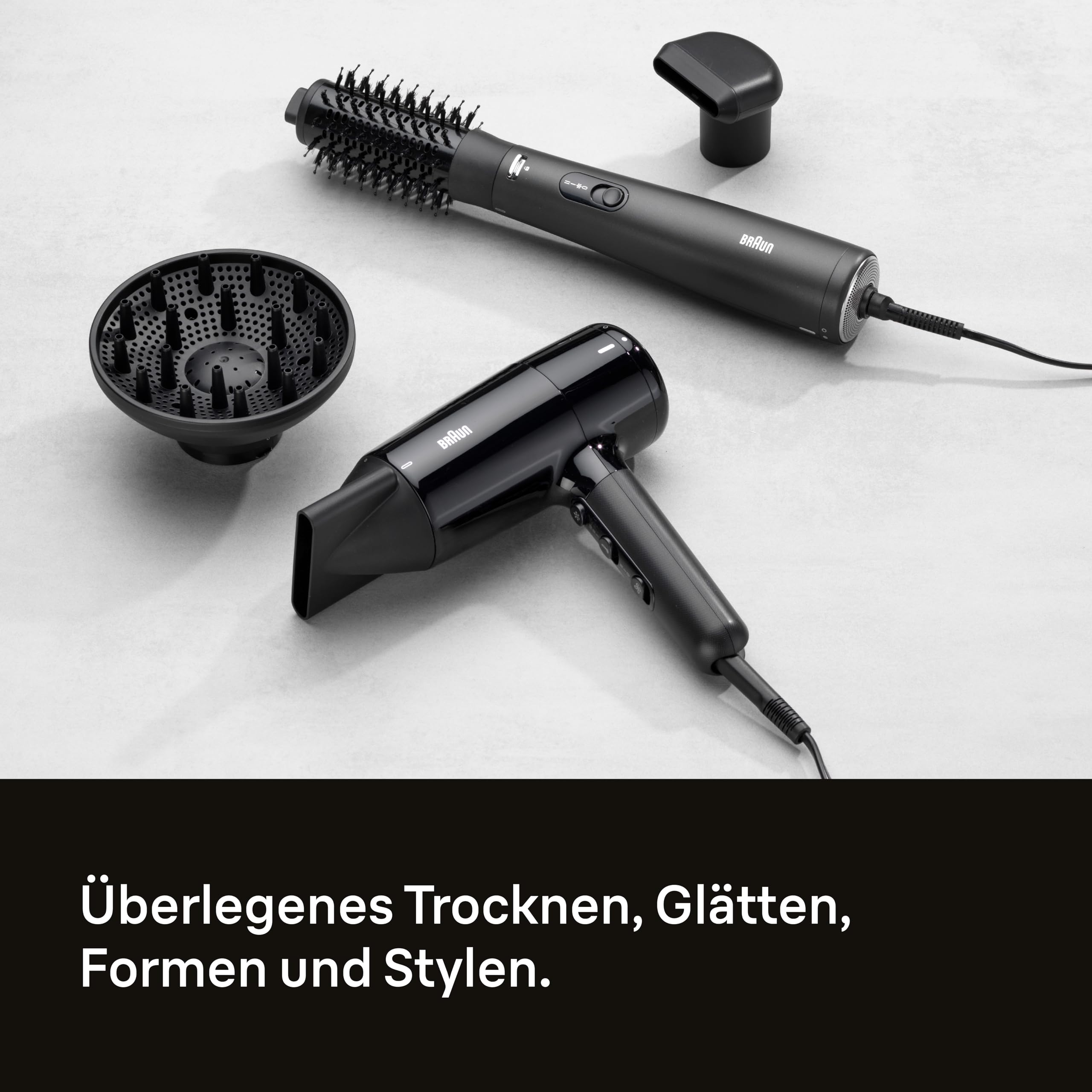 Braun Warmluftbürste AS4.2, Leichter Heißluft-Styler mit Rundbürste und Trockenaufsatz, 1000W HTDC-Motor mit 3 Stylingstufen, IONTEC-Technologie, Schwarzes Satin-Finish mit Chrom-Akzenten, BRAS420E