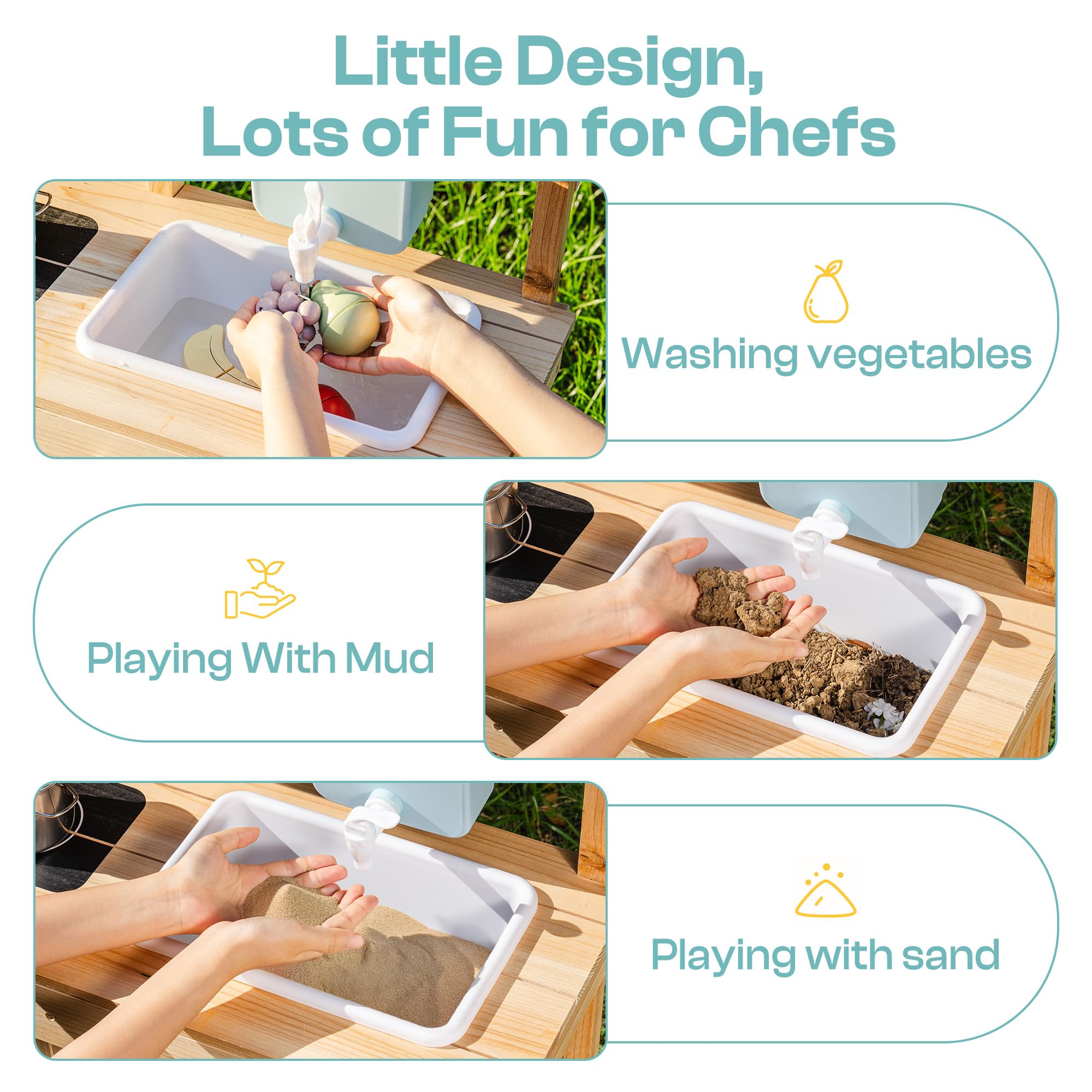 ROBOTIME Kinder Matschküche aus Holz mit Spüle, Tafel, Herd, Wasserhahn, Kochgeschirr & Stauraum – Outdoor Spielküche für Jungen & Mädchen ab 3 Jahren