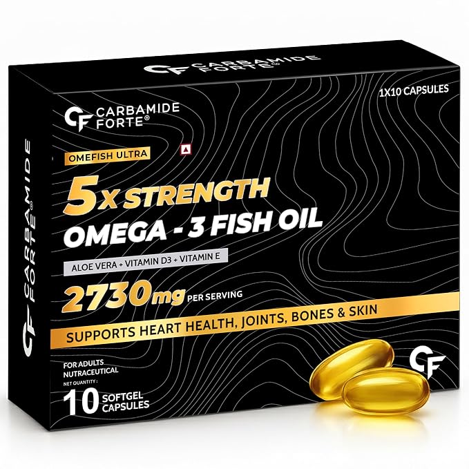 Carbamide Forte 5X Strength Omega 3 Fish Oil Capsules 2730mg | Fish Oil Omega 3 Supplement to Support Overall Health & Skin With Added Aloevera, Vitamin D3, Vitamin E For Men & Women - 10 Softgels
