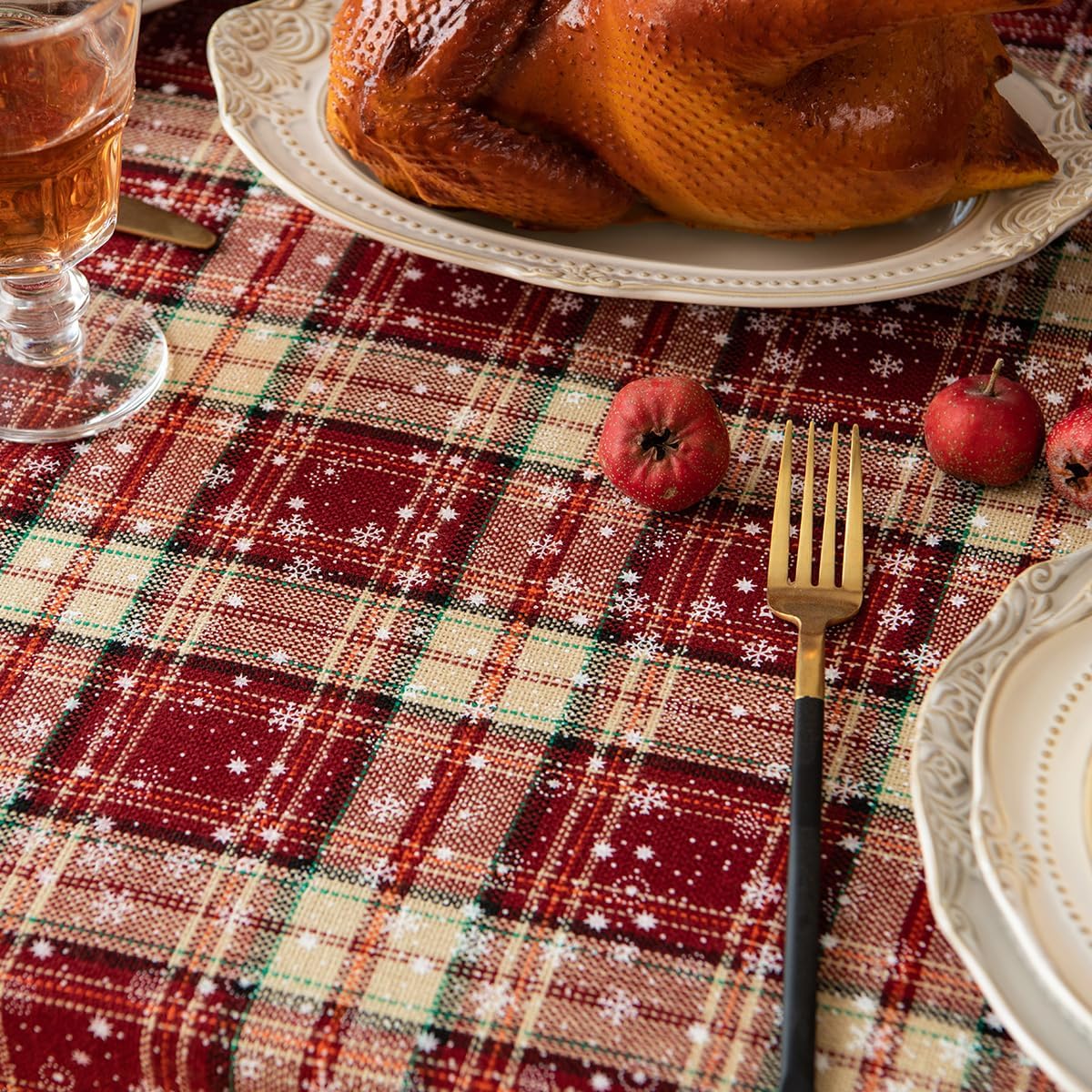 Christmas Tartan Red Plaid Snowflake Tablecloth, Washable Checkered Rectangle Fabric Table Cloths with Pompom, Holiday Table Decorations, 60"x84"