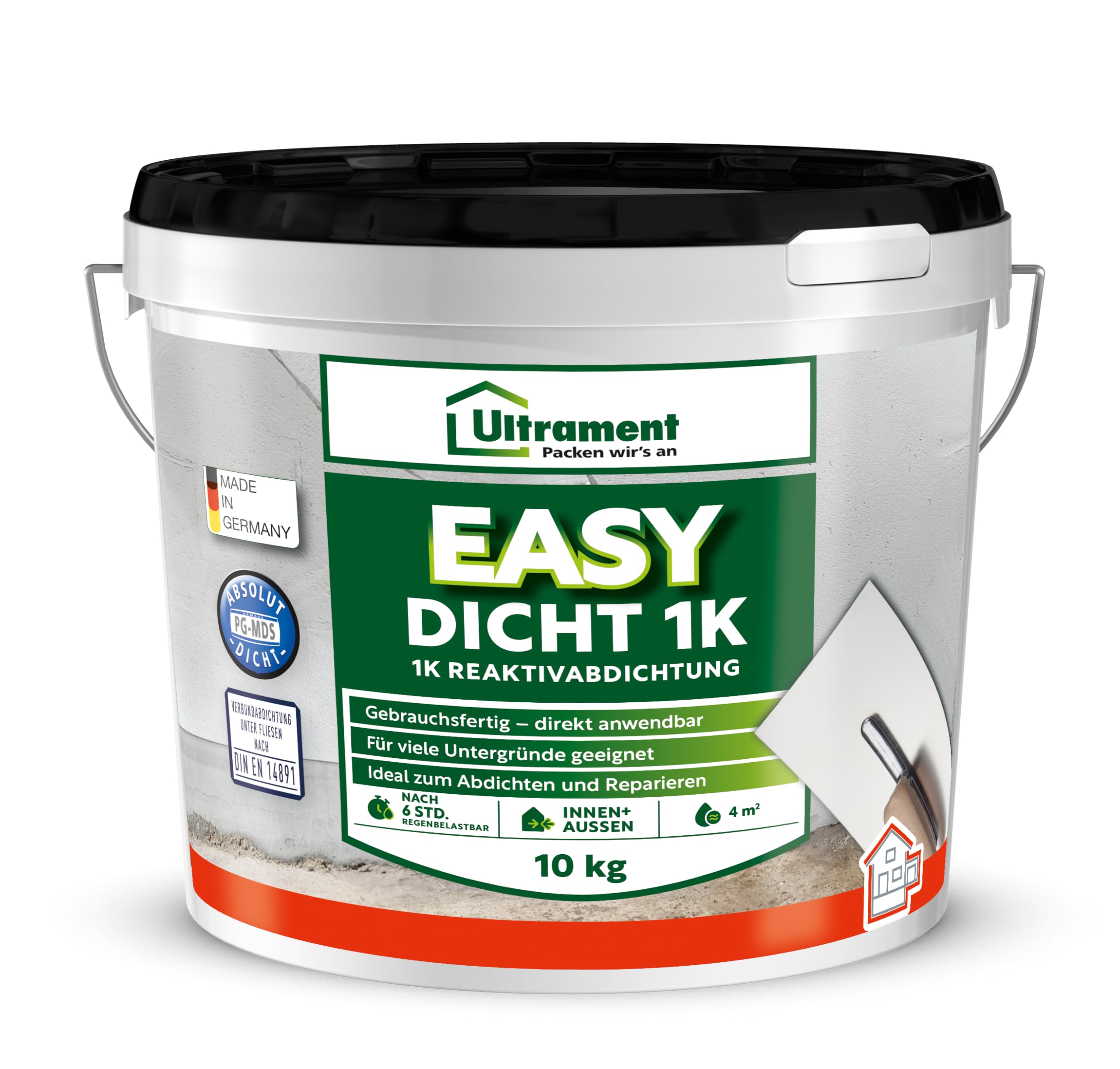 Ultrament Easy Dicht 1K 10 kg grau | 1-komponentige Reaktivabdichtung innen & außen | bitumenfrei, faserverstärkt, hochflexibel, UV- & frostbeständig