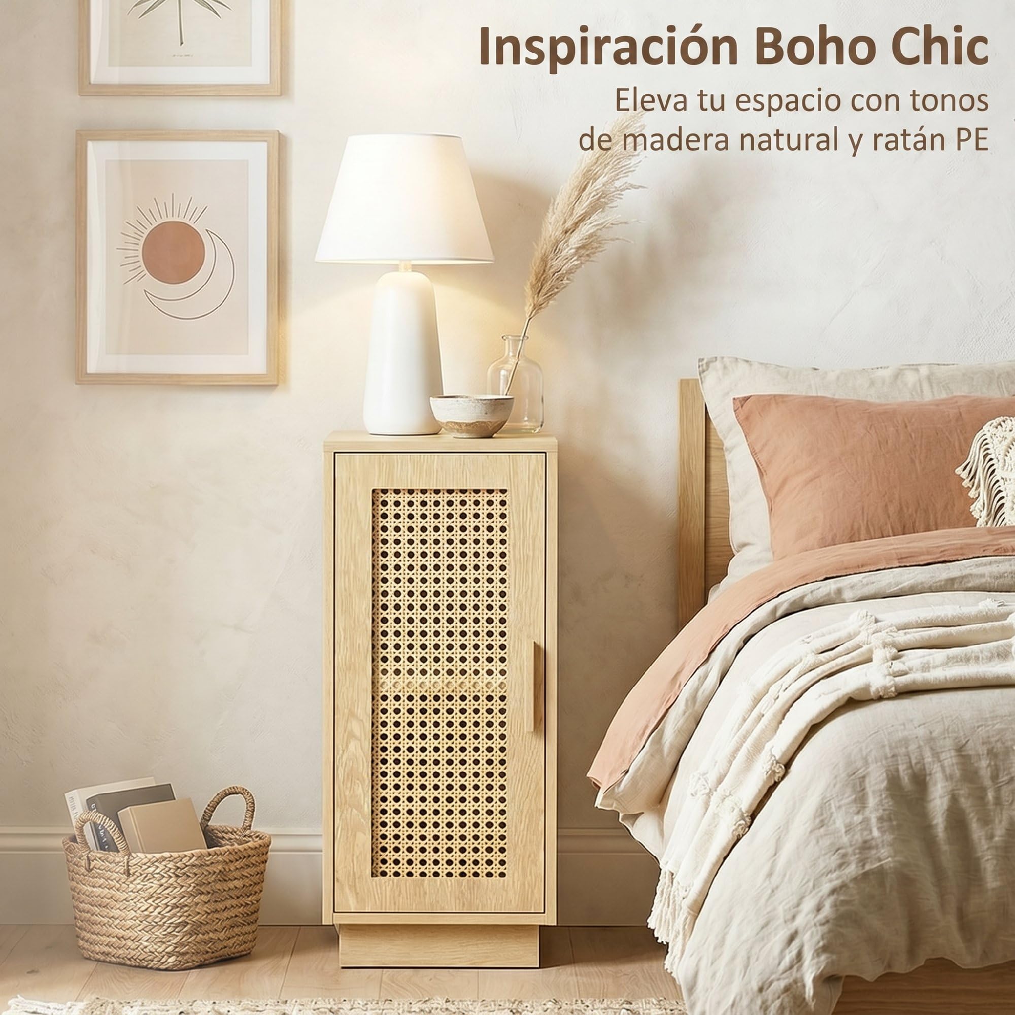 HOMCOM Conjunto de 2 Mesitas de Noche con Puerta de Ratán 25x30x60 cm