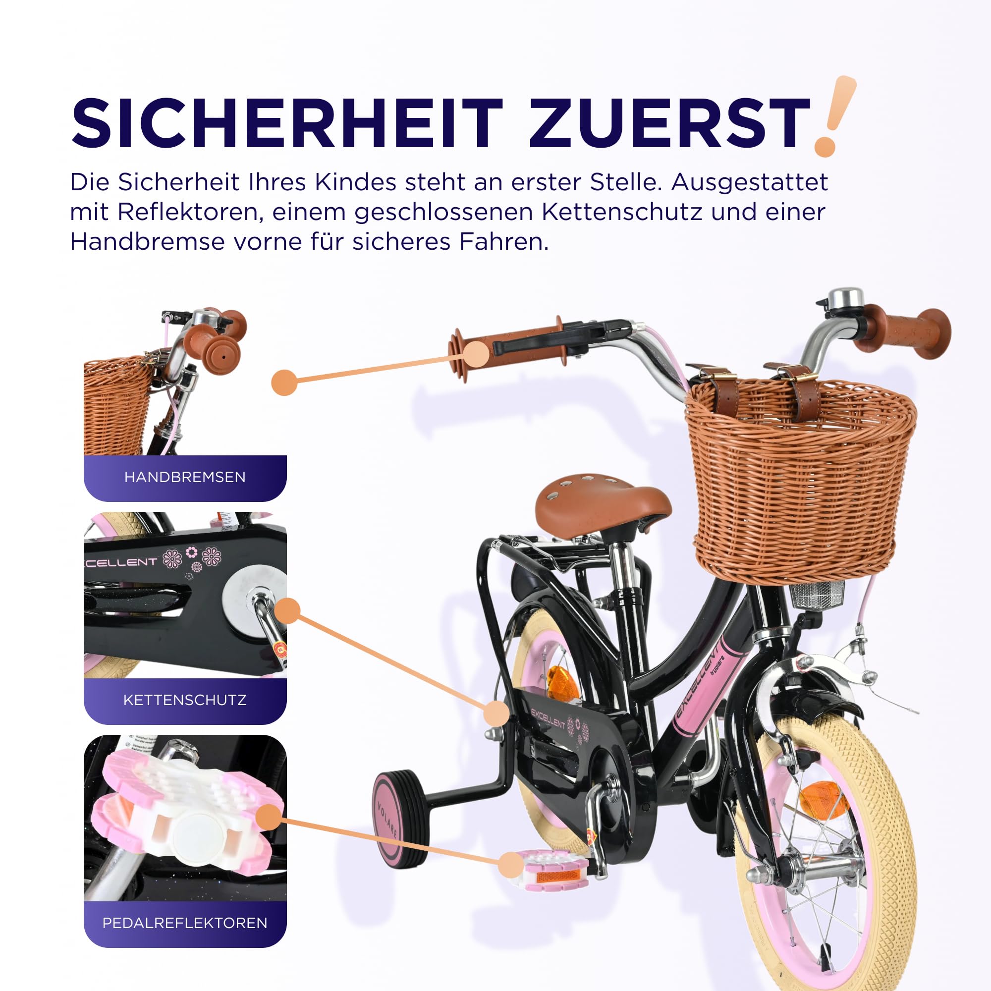 Volare Excellent Fahrrad | 3–5 Jahre | Hand- & Rücktrittbremse, Stützräder, Kettenschutz, Reflektoren & Korb | Höhenverstellbarer Sattel | Geschenk für Mädchen