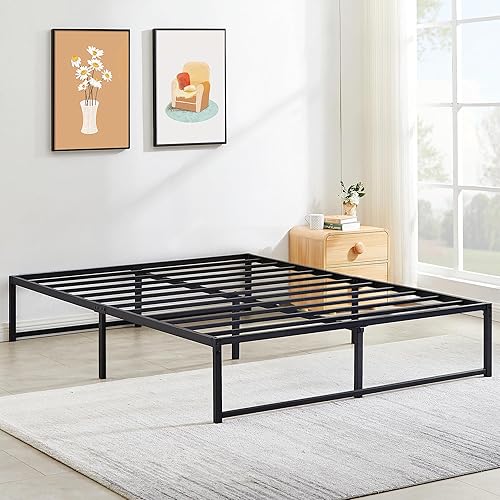 Miniatura 16 de VECELO Base de cama Queen con plataforma de metal de 14 pulgadas con almacenamiento, soporte de listones de acero antideslizante resistente, no
