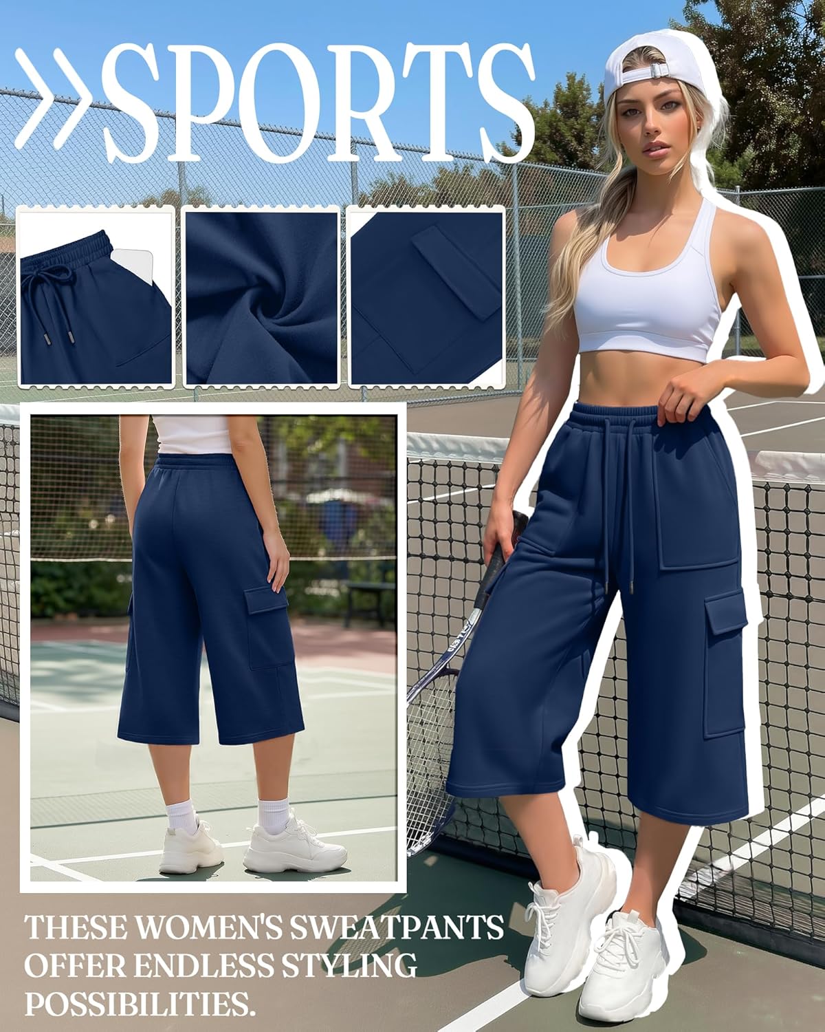 3 Pack Women's Capri Cargo Sweatpants Wide Leg Cropped Pants Baggy Capris Casual Drawstring Pants with 4 Pockets