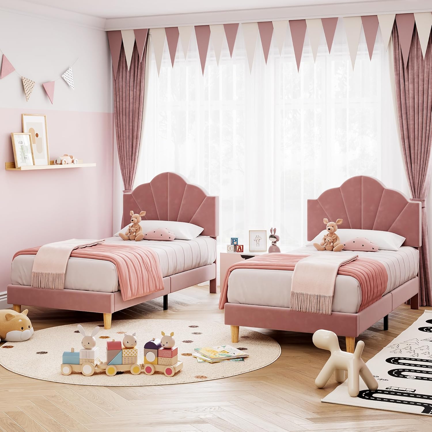 GarveeHome Twin Pink Bed Frame with Shell Headboard, Velvet Upholstered Bed Frame with Adjustable Headboard, Girl Platform Strong Wood Slat Support, No Box Spring Needed/Noise-Free
