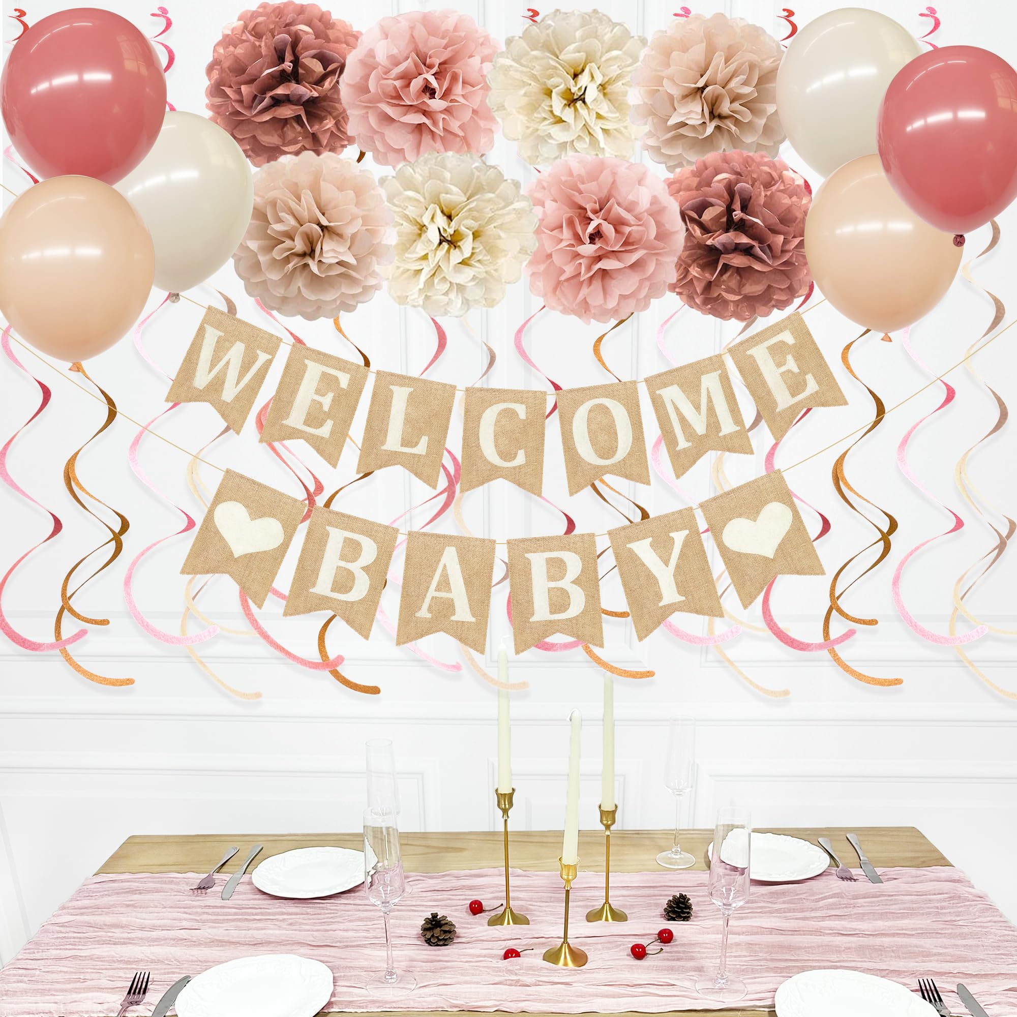 Baby Shower Party Decorations Kit Welcome Baby Heart Burlap Banner with Dusty Pink Cheesecloth Table Runner Tissue Flowers Pom Pom Felt Swirl Balloons