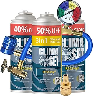 ClimaSet R1234yf air conditioning recharge + 3in1 r1234yf air conditioning gas - 3x235 g with hose, pressure gauge and HP/LP adapter - Car air conditioner - Car air conditioning recharge - ECO