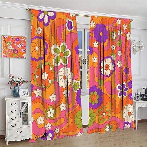 Miniatura 4 de Cortinas con diseño floral, estilo retro campestre de los años 70 y 1960, hippie y bohemio, con flores modernas, para cocina, dormitorio, hogar,