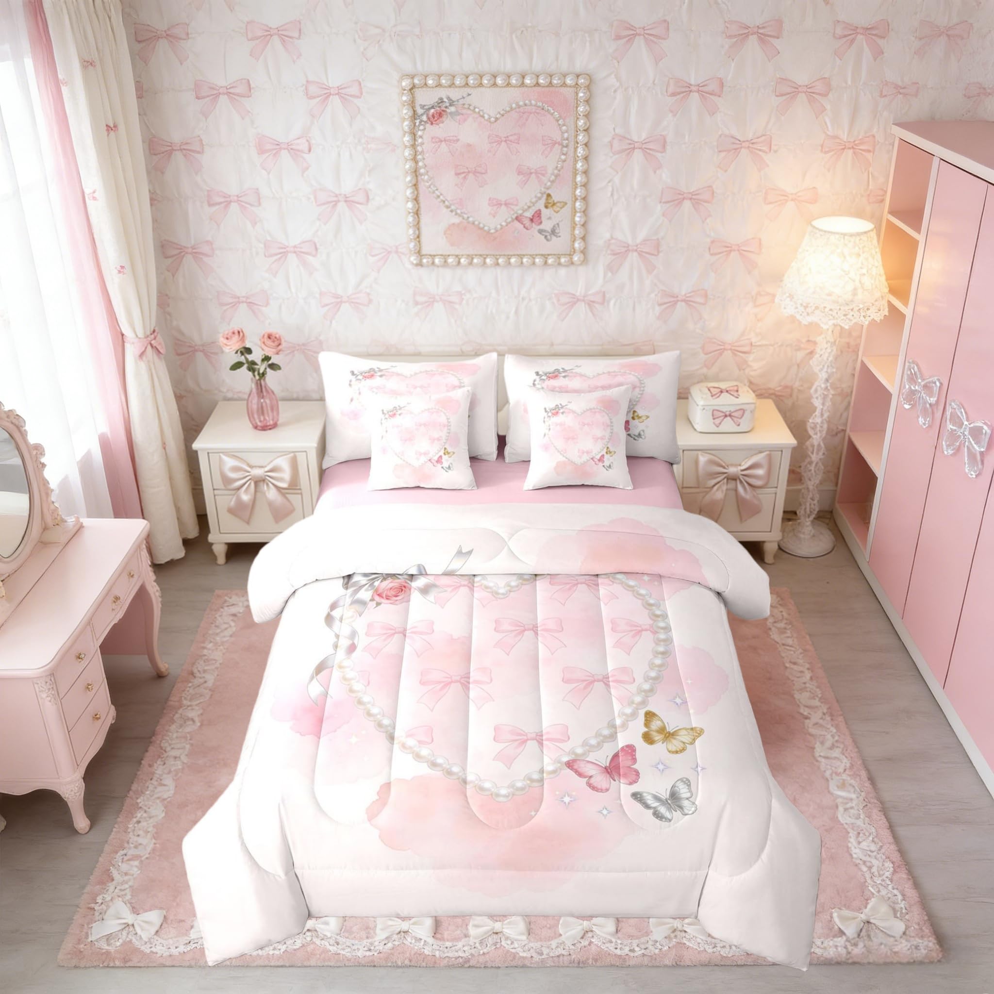 Erosebridal Girls Pink Ribbon Bow Full Comforter Set with Sheets 7 Piece Princess Pearl Bowknot Bed in A Bag Glitter Butterfly Rose Bedding Sets for Kids Teens Women,Cute Romantic Coquette Bed Set