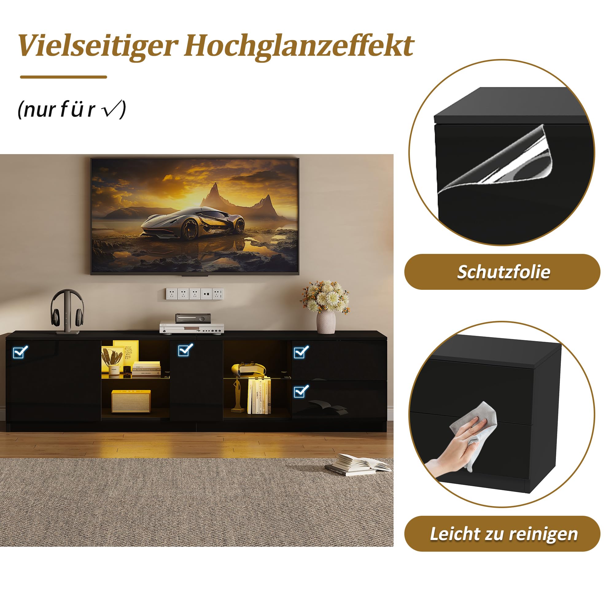 Mueble bajo de TV de 160 cm con puertas y cajones, armario de TV con iluminación LED, soporte de TV, armario para sala de estar, TV para televisor de 65 pulgadas, color negro