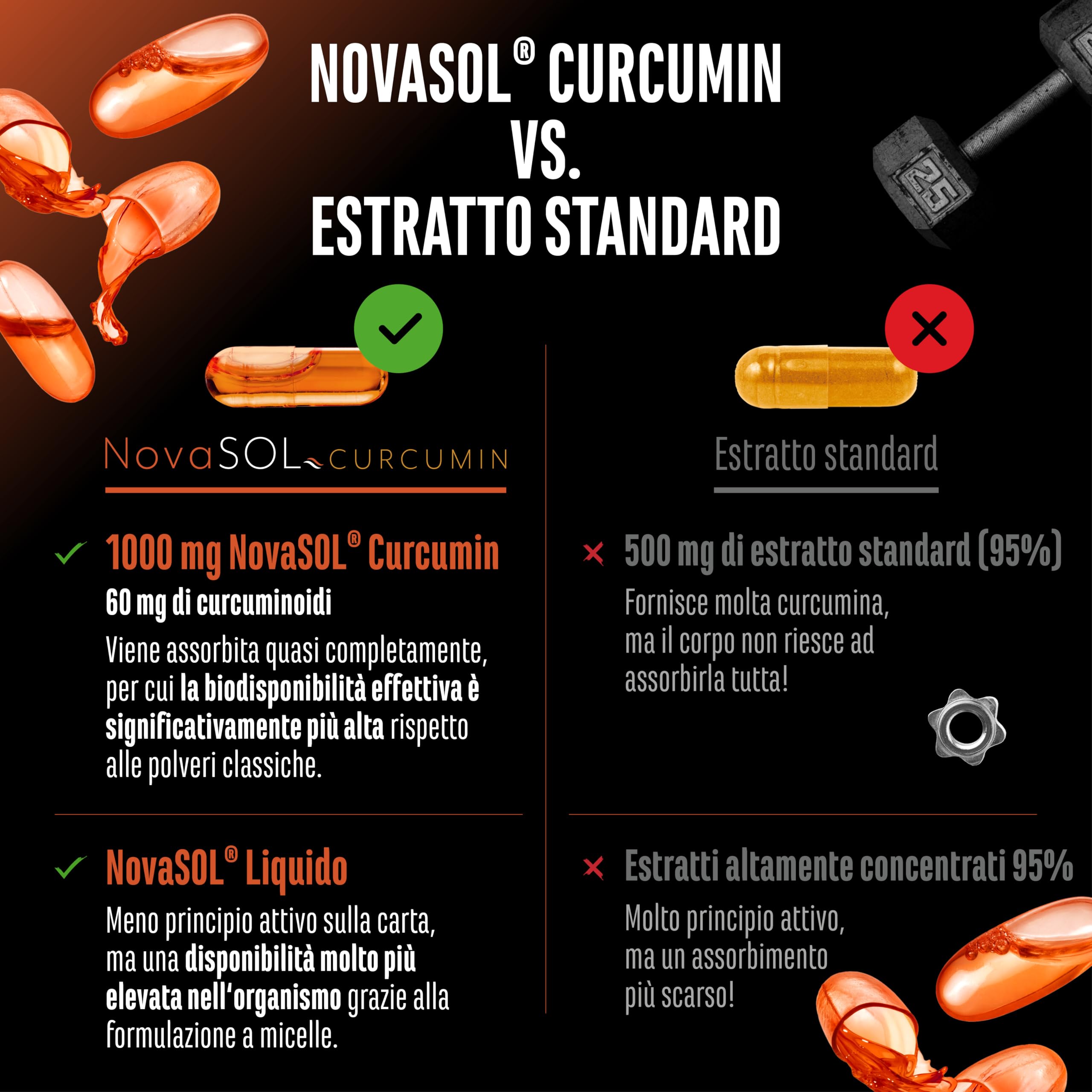 Curcuma NovaSol® - 120 capsule liquide - 1000 mg di curcumina per dose giornaliera - Con tecnologia brevettata NovaSOL® - Biodisponibilità 185 volte superiore grazie alla forma liquida - vegano