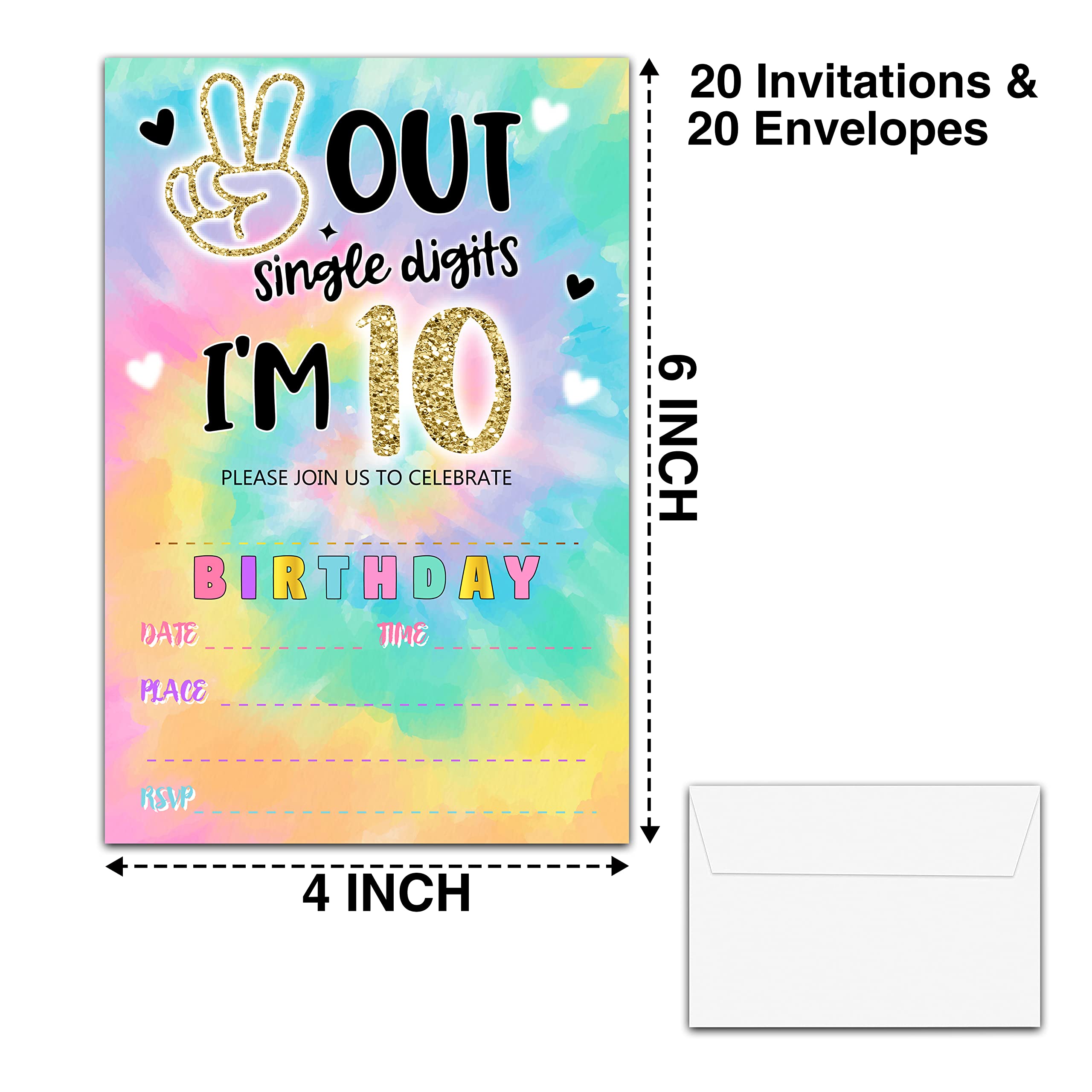 YSTEP Party-Einladungen zum 10. Geburtstag, Batikfärbung, 20 Einladungskarten mit Umschlägen, 10,2 x 15,2 cm, Peace Out Einzelstellige Geburtstagsparty-Einladungen – A12