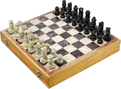 Marble Stone Art - Juego de ajedrez único de India de 16 x 16 pulgadas, juego de mesa de ajedrez con base de madera e incrustaciones de piedra,