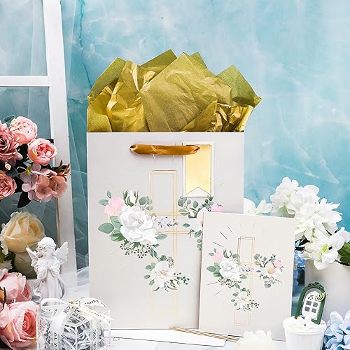 Miniatura 5 de LeZakaa Bolsa de regalo de cruz de 13 pulgadas con diseño de flores, bolsa de regalo cristiana plateada con papel de seda, etiqueta de regalo y