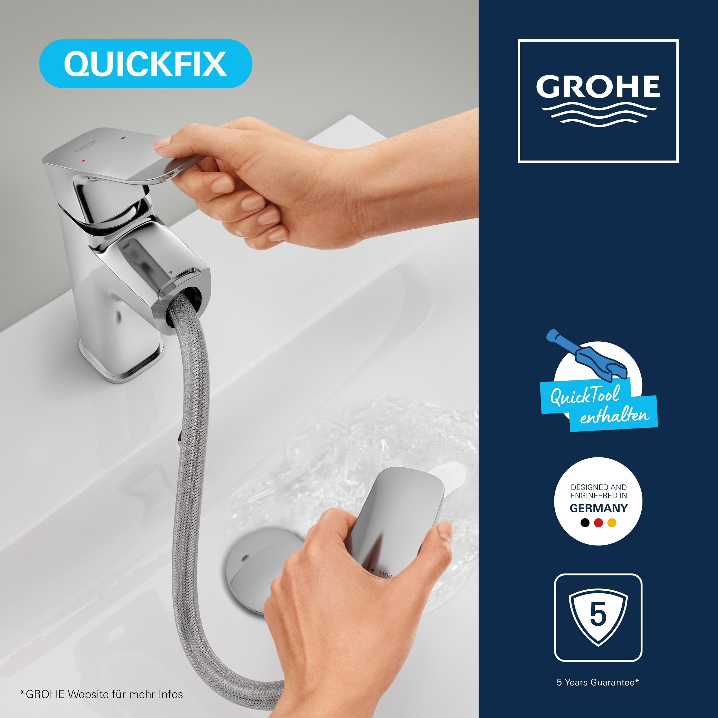 GROHE Dice, Badarmatur für Familien, wassersparend (herausziehbarer Wasserhahn für das Bad, mit Pop-Up Ablauf, 19cm hoch, mit 3in1 Werkzeug, einfache Installation am Waschbecken), chrom, 1018680000