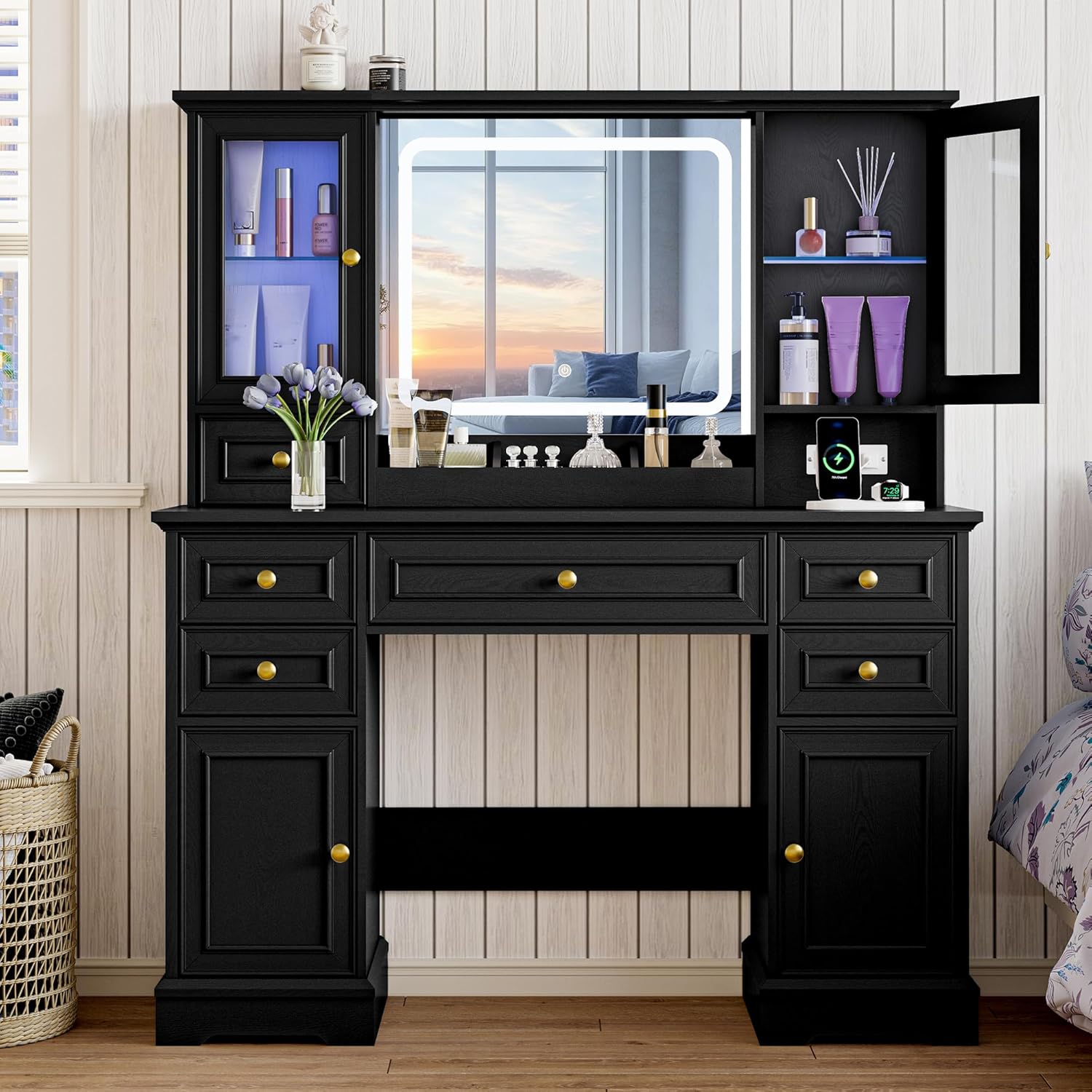 Vanity Desk with HD Lighted Mirror & Power Outlet, Farmhouse Makeup Vanity Table Set with Storage Drawers & RGB Cabinets, Large Dressing Table with 3 Lighting Modes for Women Girls Kids Bedroom, Black