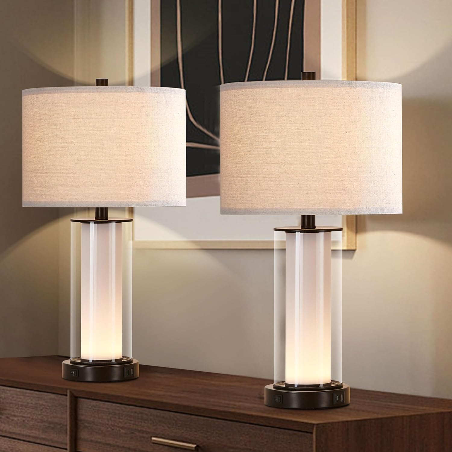 Kyrid 23.25'' Glass Table Lamp Set with Built-in Frosted Glass Night Light for End Table Entryway Modern Black Beside Table Lamp Set with USB Ports (2 Bulbs Included)