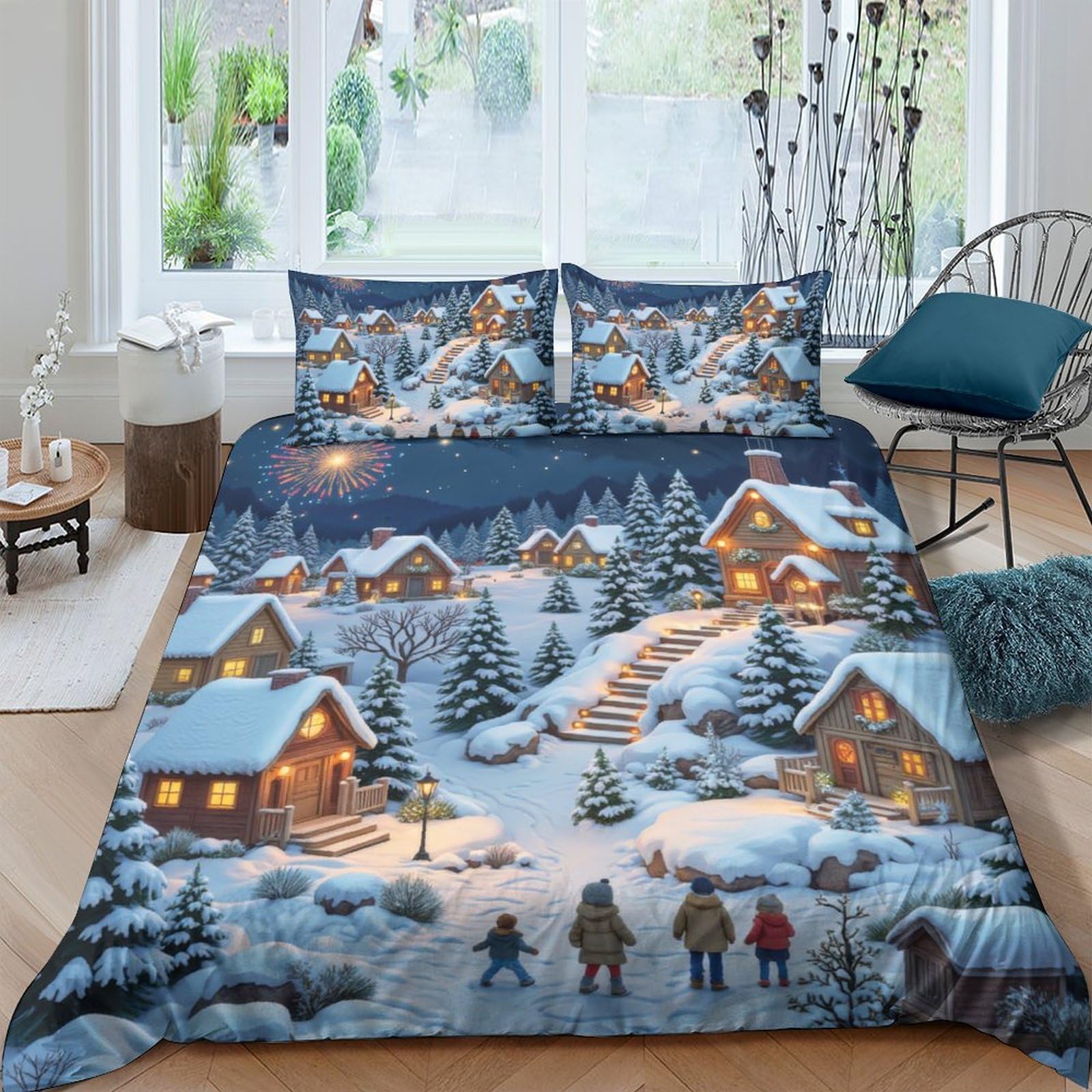Ctjqhvkz Style-2 3D Printed Winter Village Fitted Sheet Microfiber Soft Christmas Night Bed Cover For Bedroom Guest Room Decor Single（135X200cm）