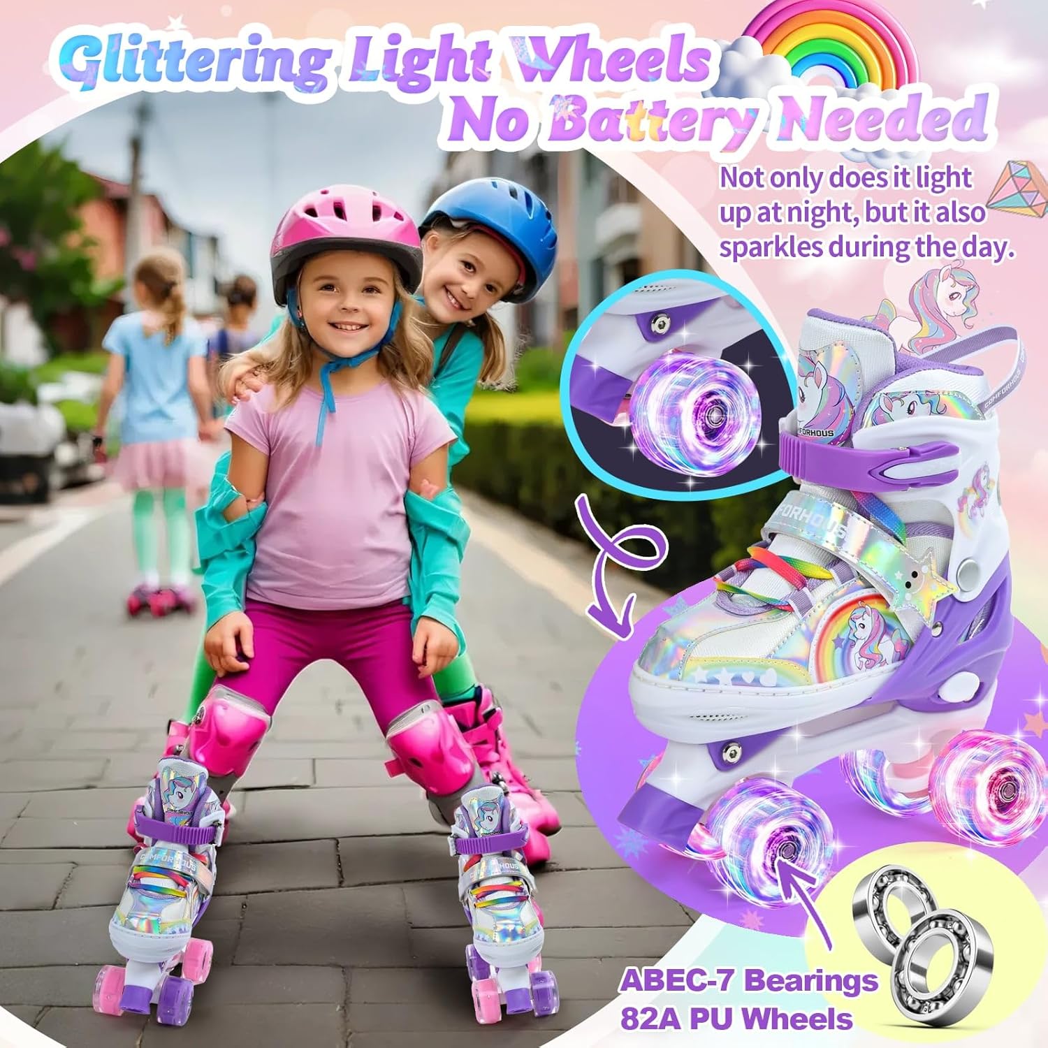 Rainbow Kids Roller Skates for Girls Boys 4 Size Adjustable Roller Shoes for Girls with Luminous Wheels Light-up Kids Rollerskate Birthday Gift for Beginner Outdoor Indoor Sports