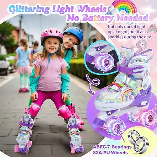 Miniatura 6 de Rainbow - Patines de ruedas para niñas y niños, 4 tamaños ajustables, para niñas con ruedas luminosas, regalo de cumpleaños para principiantes,