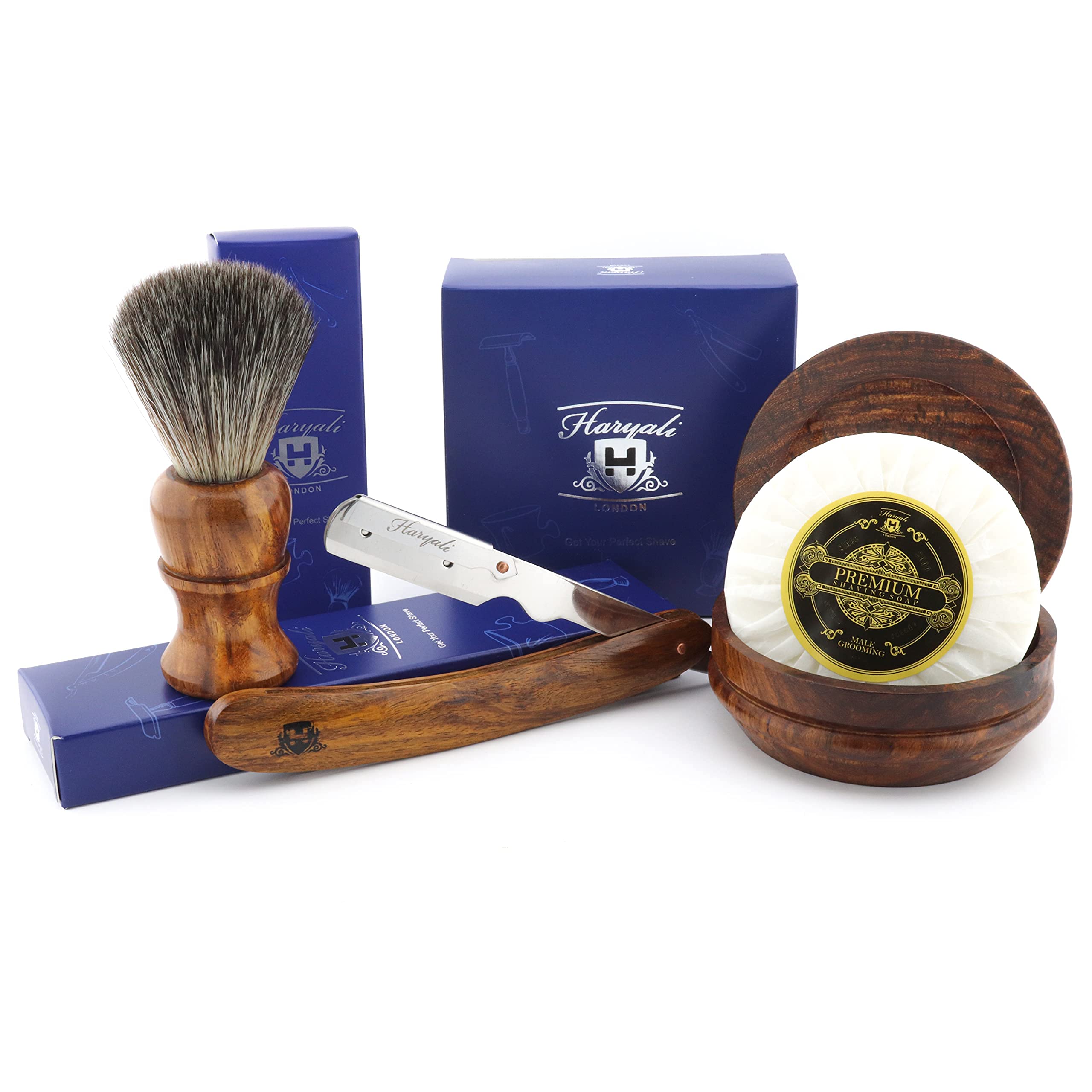 4pz in Legno Depilazione Set con Dritto Taglio Gola / Professionale Rasoio, Nero Tasso Look Allo Stesso Modo Capelli Sintetici Spazzola con Sapone & Vaso Perfetto Set in Legno di Rosa