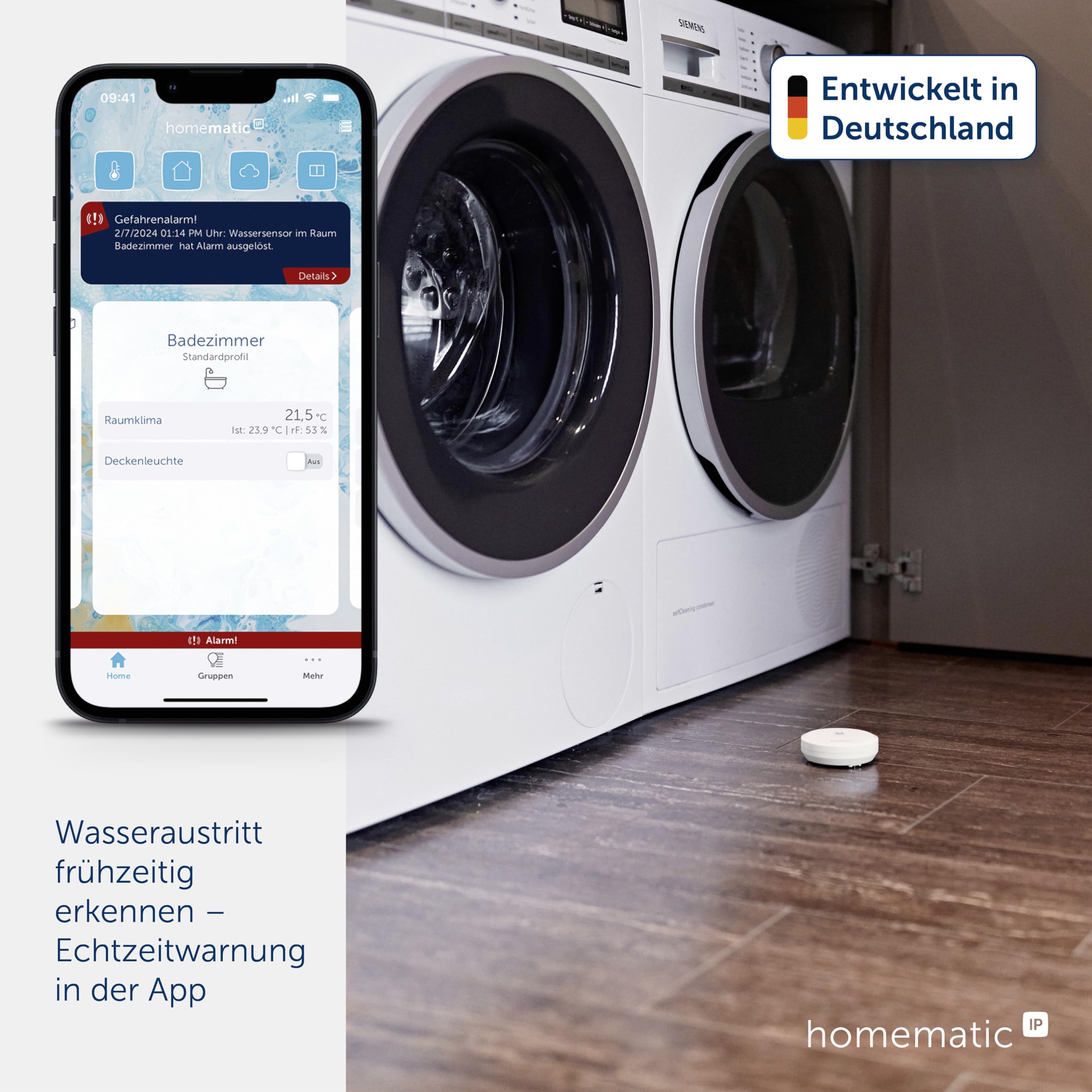 Homematic IP Smart Home Wassersensor, Wassermelder für zuverlässige Alarmierung per Sirene und Push-Benachrichtigung in der Smartphone-App bei Feuchtigkeit und Wasser (Single)