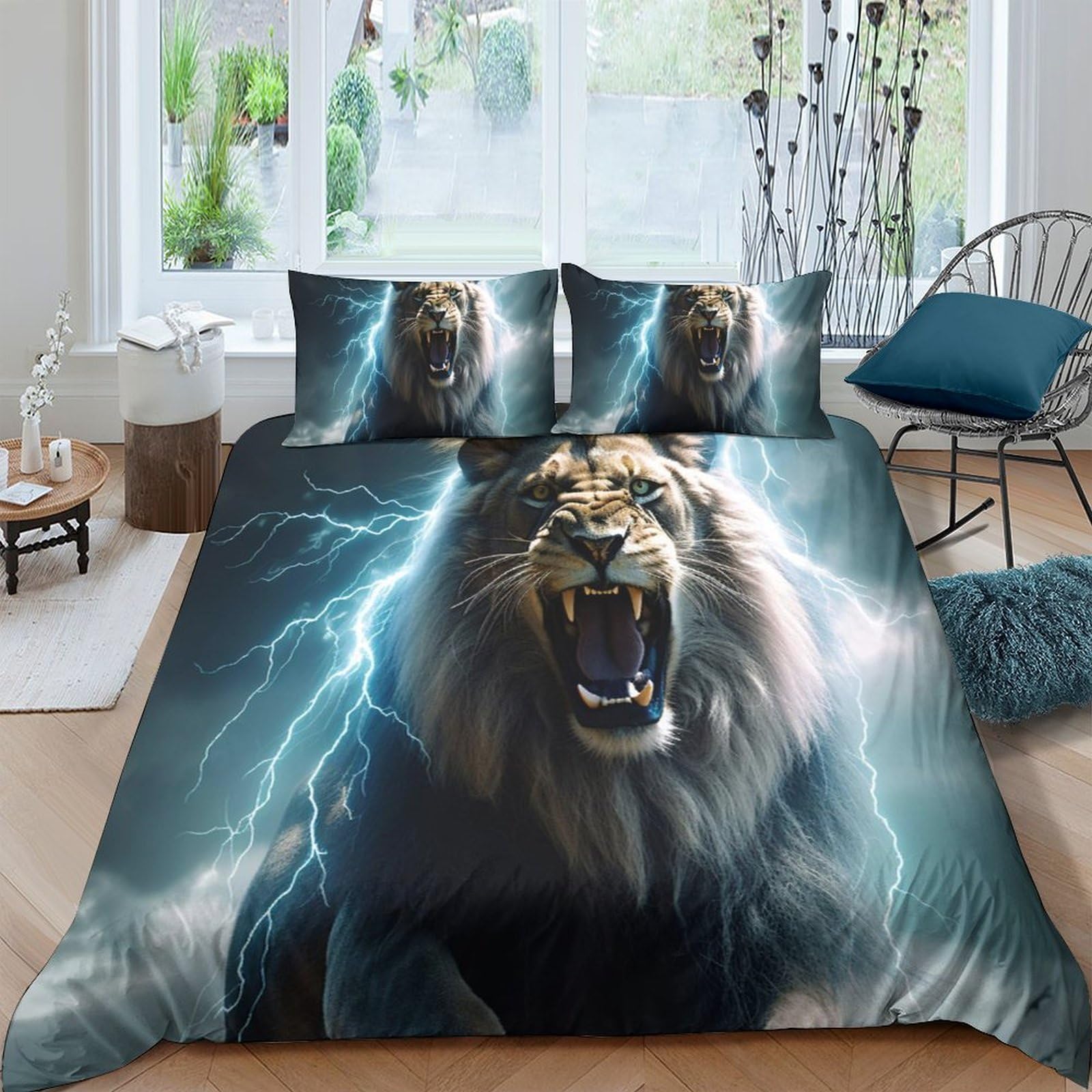 Ctjqhvkz Style-2 3D Printed Thunder Lion Fitted Sheet Microfiber Soft Breathable Wild Animal Bed Cover For Bedroom Guest Room Decor Single（135X200cm）