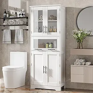 GAOMON Tall Bathroom Cabinet, Freestanding Storage Cabinet with Glass Doors and Adjustable Shelves and Drawers, 67" Tall Cabinet for Kitchen, Pantry, Living Room,White