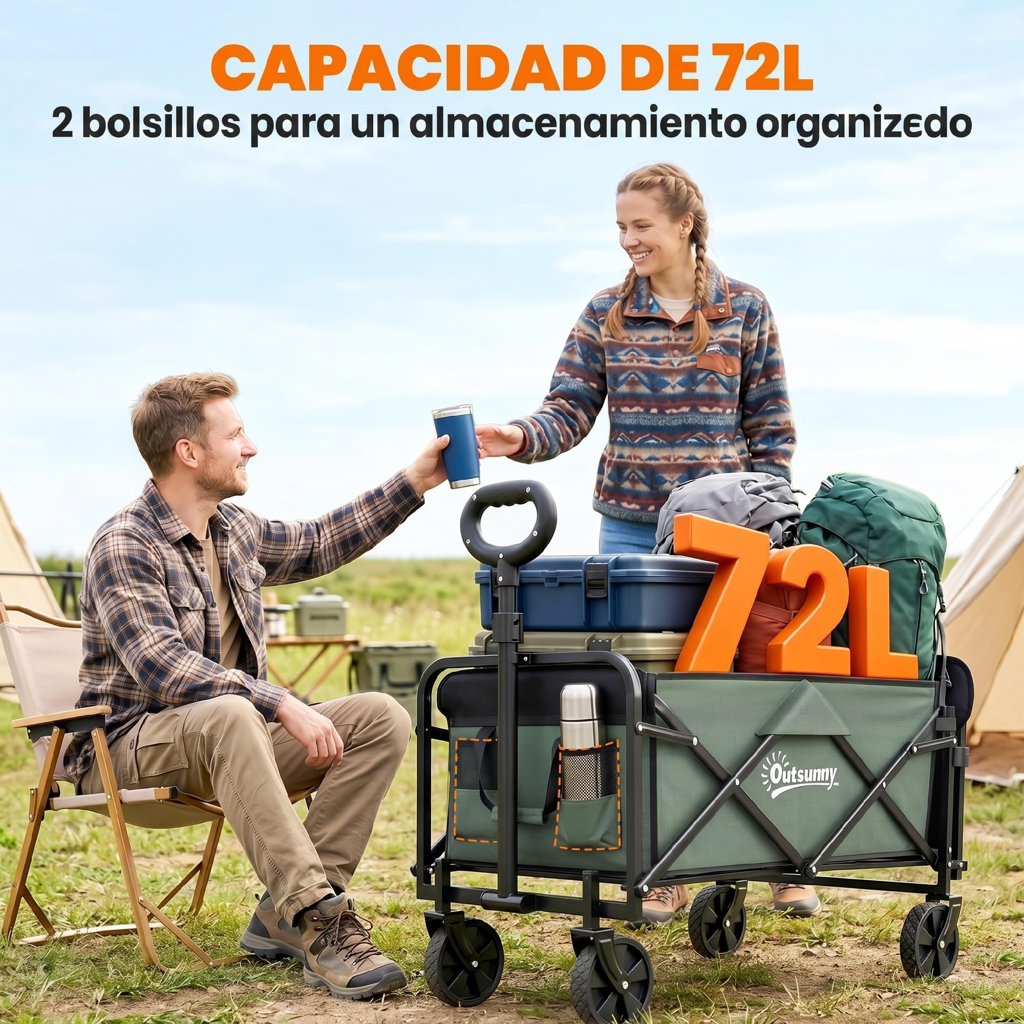 Outsunny Carro Playa con Ruedas Carro de Jardín Plegable con Mango Telescópico Ajustable Puerta Trasera Expandible Carga 90 kg Carrito Transporte para Todo Terreno Jardín Campaña Compra Verde