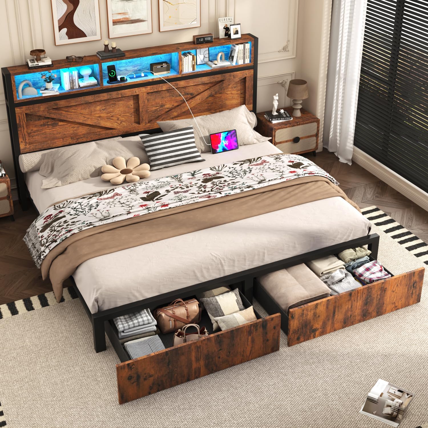 Incyneva Farmhouse King Bed Frame with Bookcase Storage Headboard, Charging Station, LED Light and 2 Storage Drawers, Noise Free, No Box Spring Needed, Brown