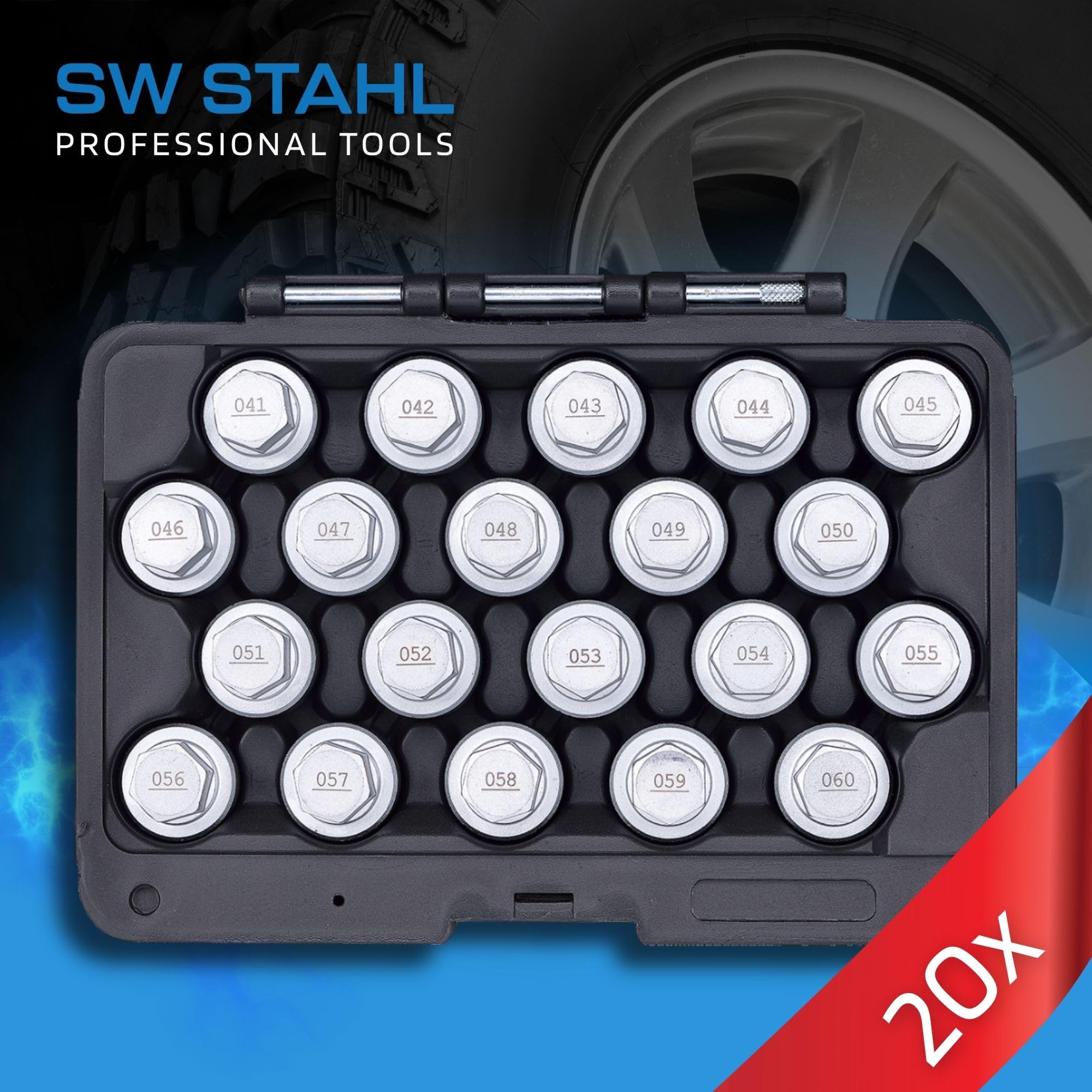 SW-Stahl 02384L Felgenschloss Demontage Set - 20-teilig für BMW Adapter | Ersatzschlüssel Satz zum Lösen von Radsicherungen, 1/2 Zoll Antrieb, 20 Adapter Größen 41-60 für Reifenmontage