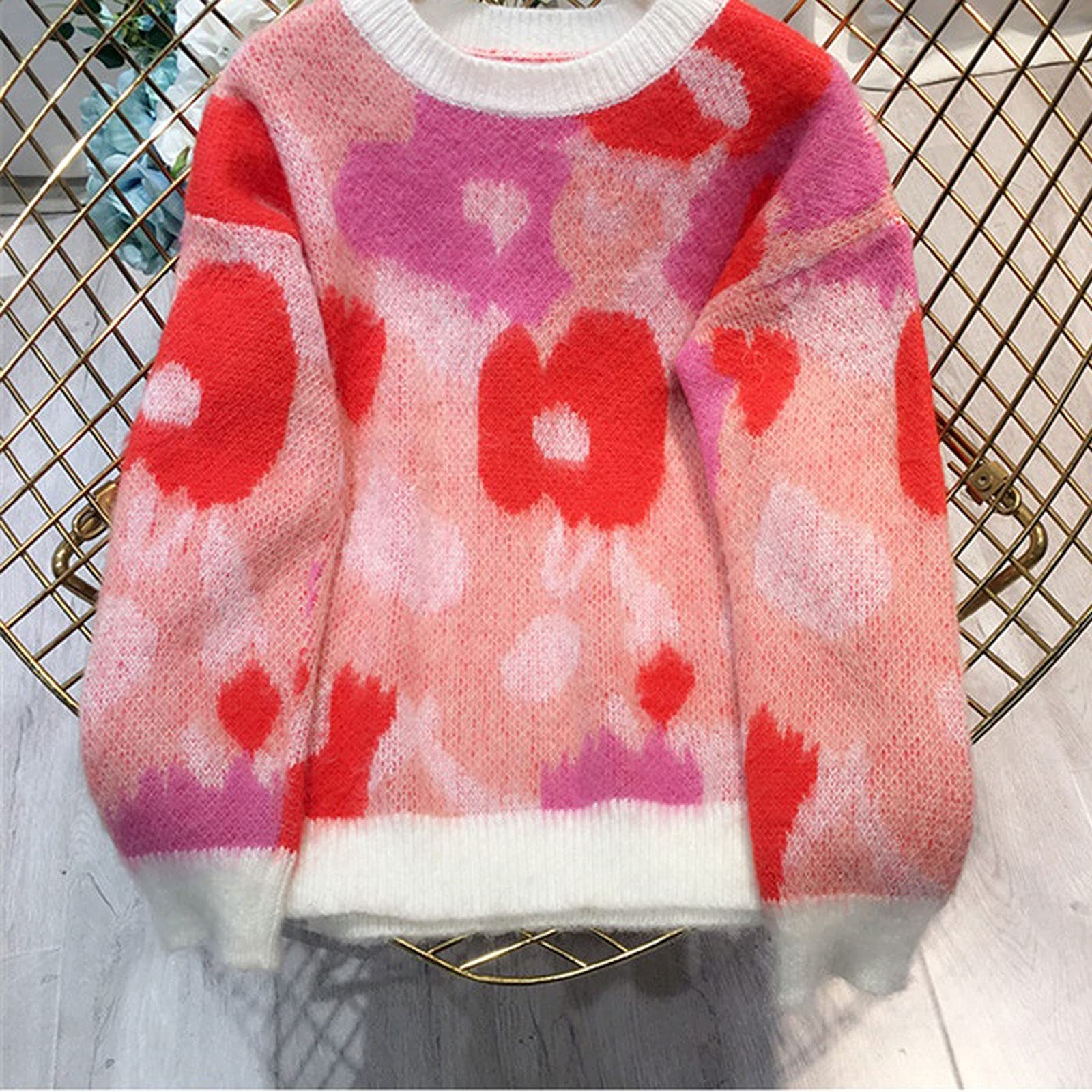 Damskie swetry jesienno-zimowe moherowe sweter damski sweter okrągły dekolt z długim rękawem kwiatowy wzór słodki dzianinowy sweter top Pull Femme