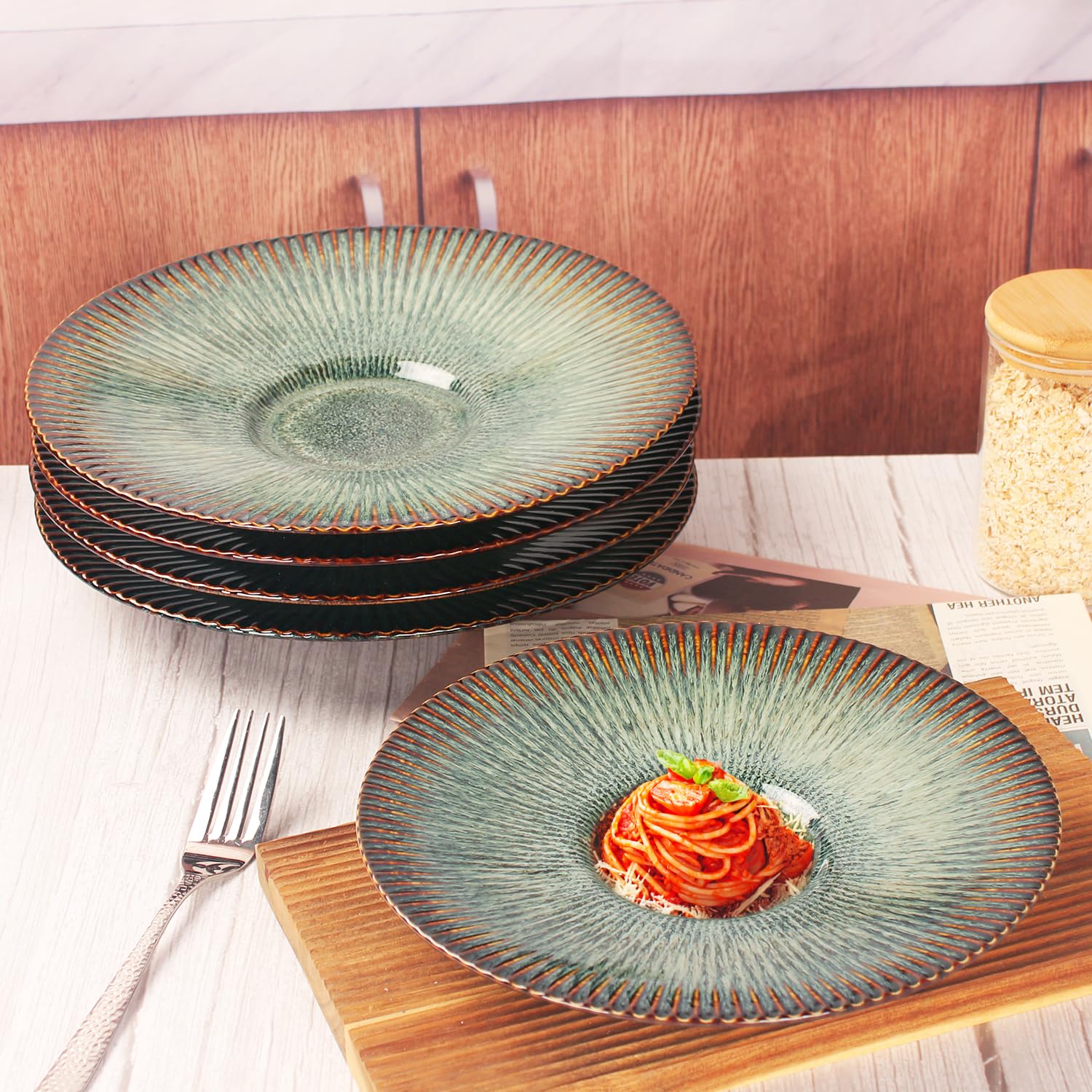Juego de 4 platos llanos de cerámica, plato grande de 11.8 pulgadas para cocina, platos con borde para pasta, ensalada, filetes, pizza, resistentes a los arañazos, aptos para microondas y