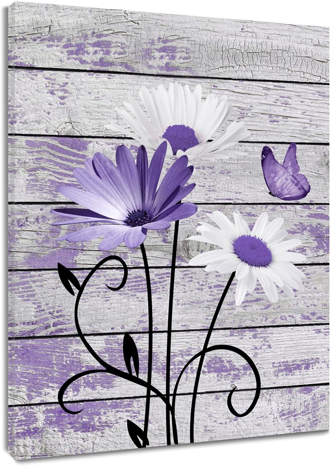 HVEST Vintage Floral Canvas Wall Art Purple and White Daisy Butterfly on Farmhouse Wooden Wall Decor for Bedroom, Country Wildflower Framed Wall Art for Living Room Office Home Decor,20L X 16W inches